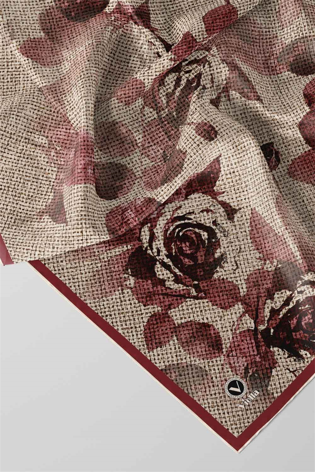 Twill Gül Desenli Bordo Renkli 90x90 Eşarp (İpek İçermez) Kenar Dikiş Şekli El Dikişli