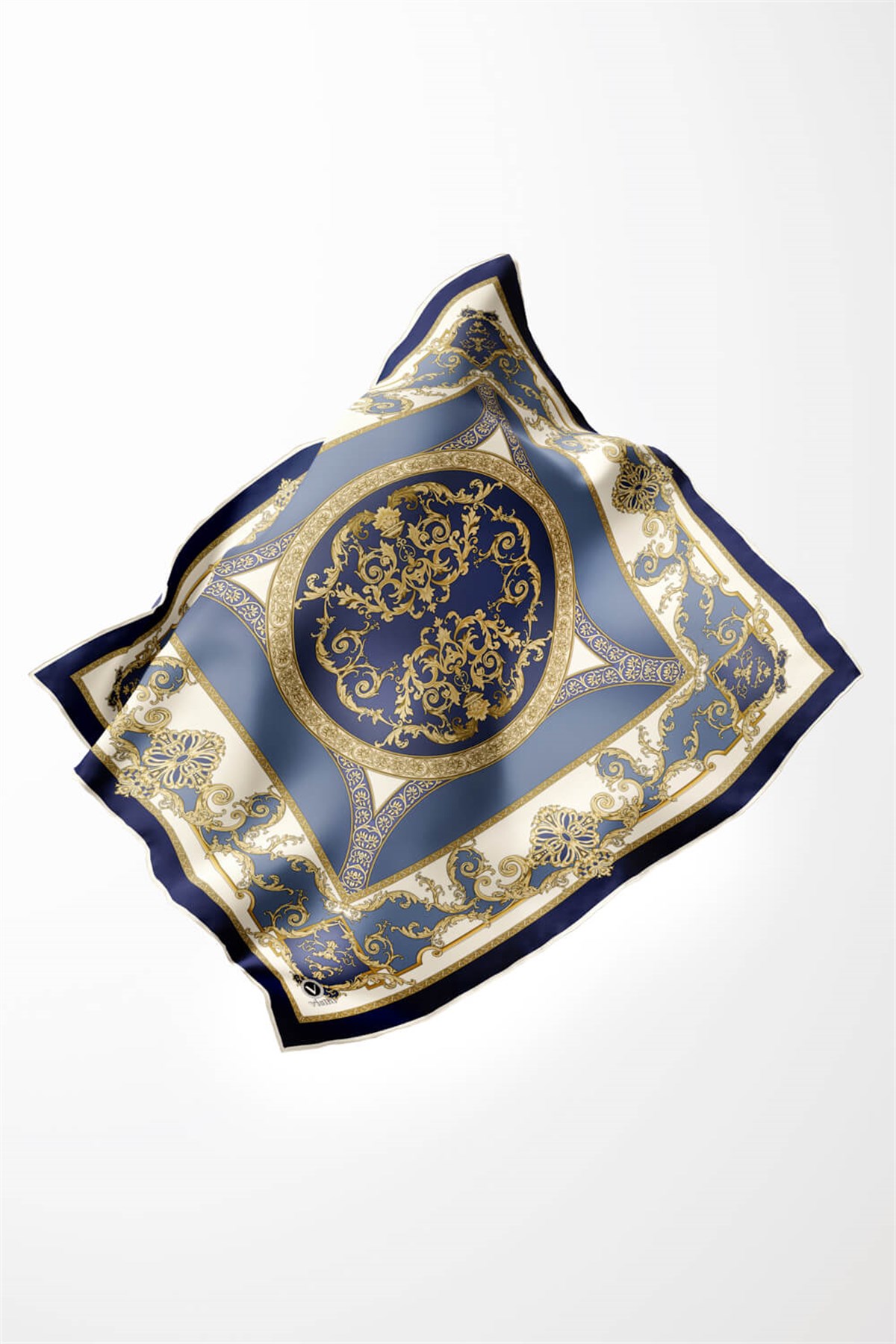 Twill Barok Desenli İndigo Renkli 90x90 Eşarp (İpek İçermez) Kenar Dikiş Şekli El Dikişli