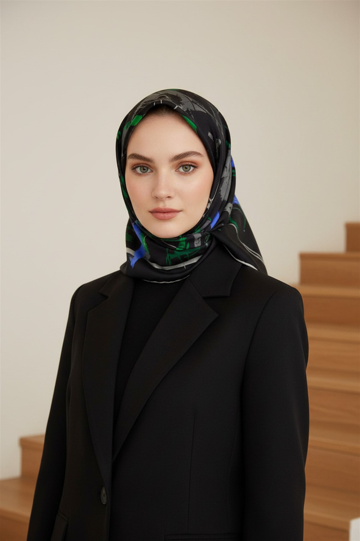 %100 Twill İpek Geometrik Desenli Saks - Zümrüt Yeşili Renkli 90x90 Eşarp Dikim Şekli : El Dikişi