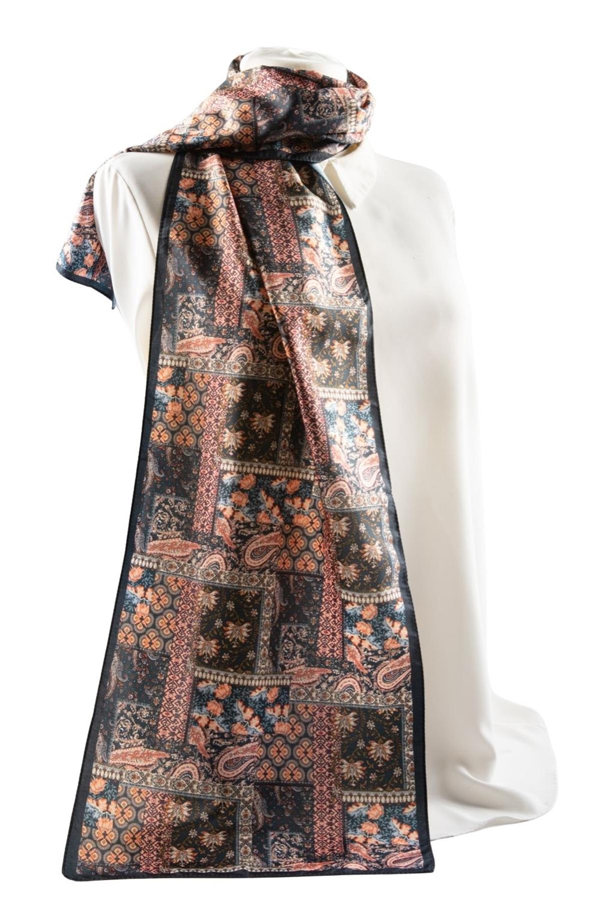 Z41 Modabutik Şal Desenli Mavi Somon Renkli Fular