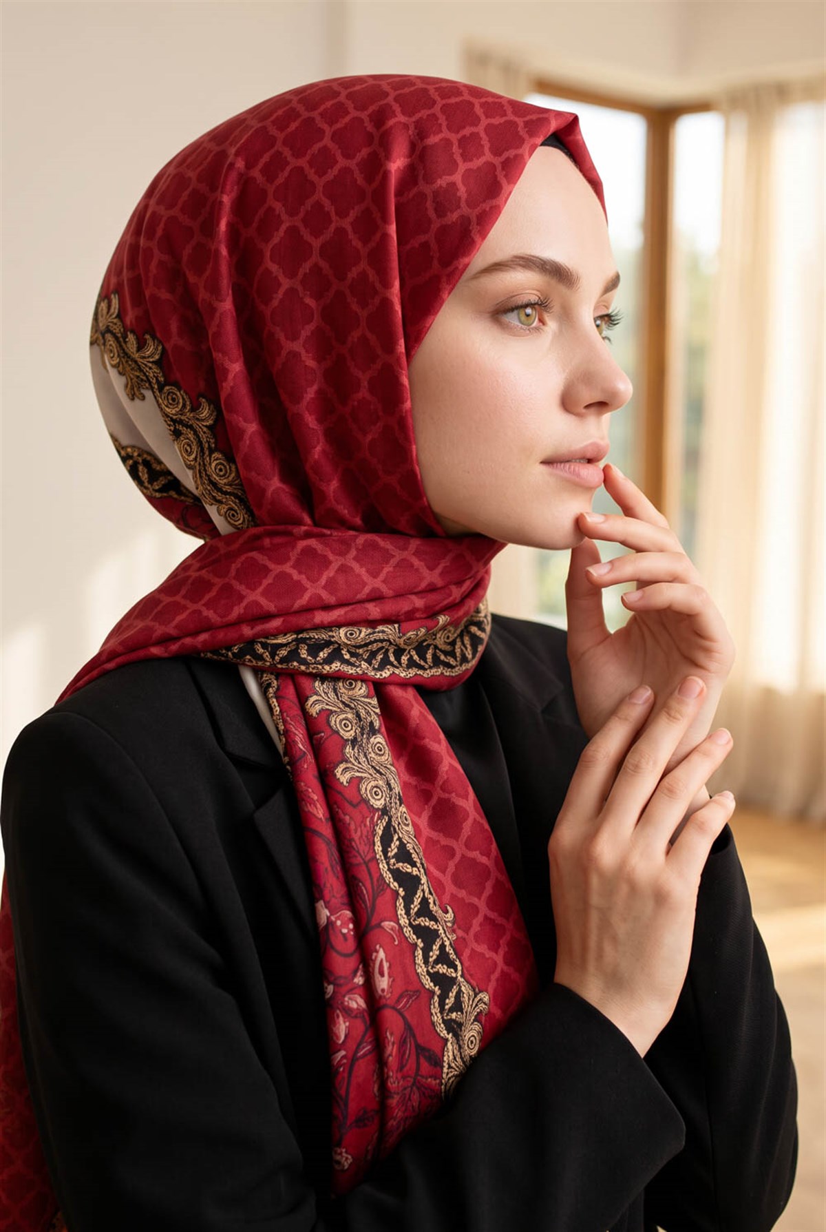 %100 Saf İpek Şal İnce Saten Vual Dokuma Yaprak Desenli Kırmızı - Gold Renkli 90x210 Şal