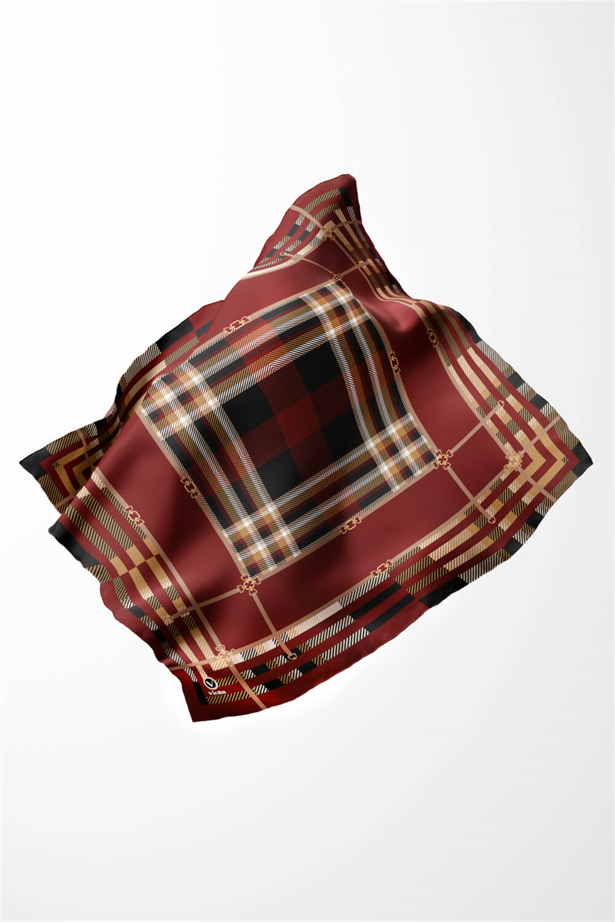 Twill Kemerli ve Ekose Desenli Bordo Renkli 90x90 Eşarp (İpek İçermez)Kenar Dikiş Şekli El Dikişli