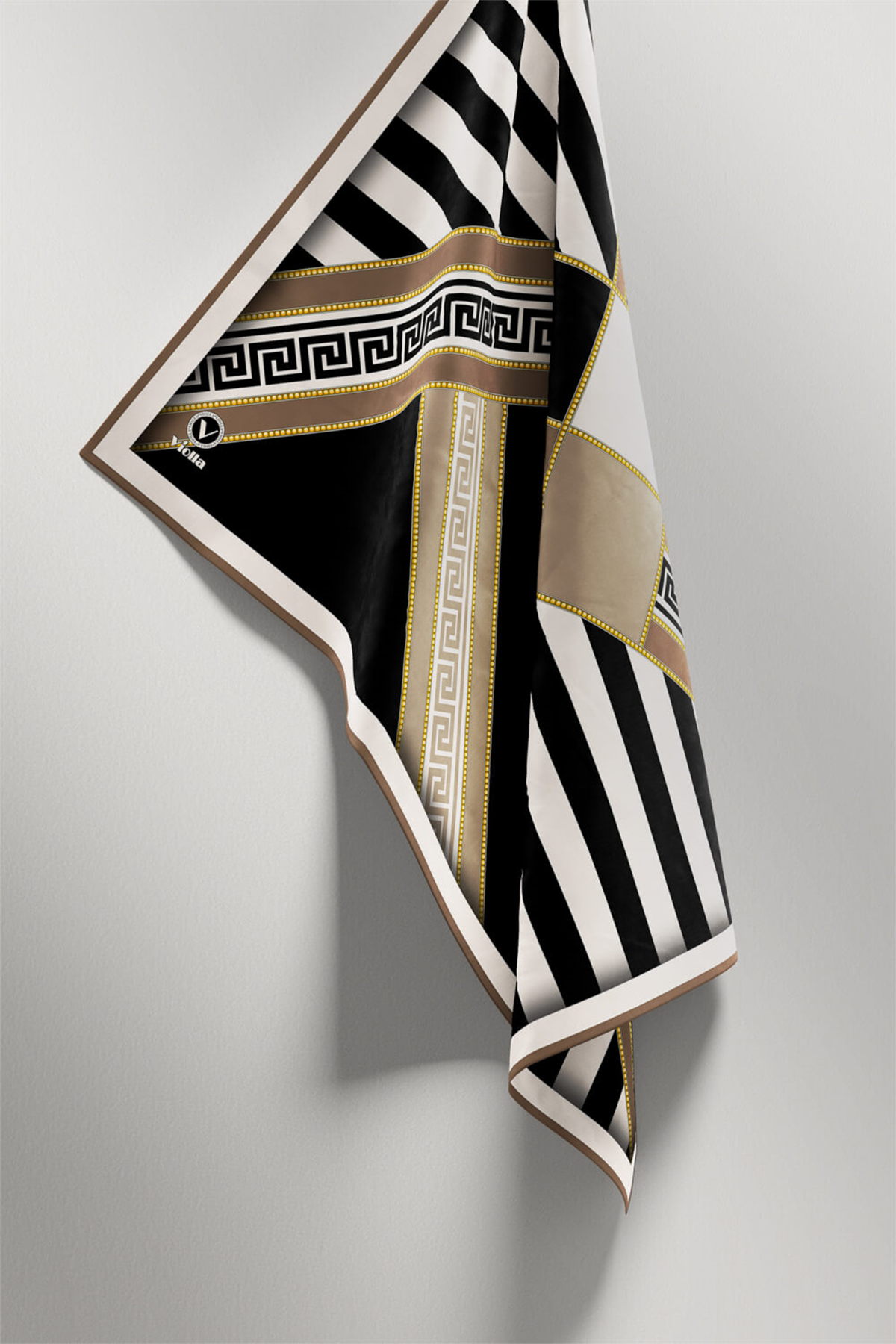 Twill Çizgili Geometrik Desenli Vizon Renkli 90x90 Eşarp (İpek İçermez) Kenar Dikiş Şekli El Dikişli