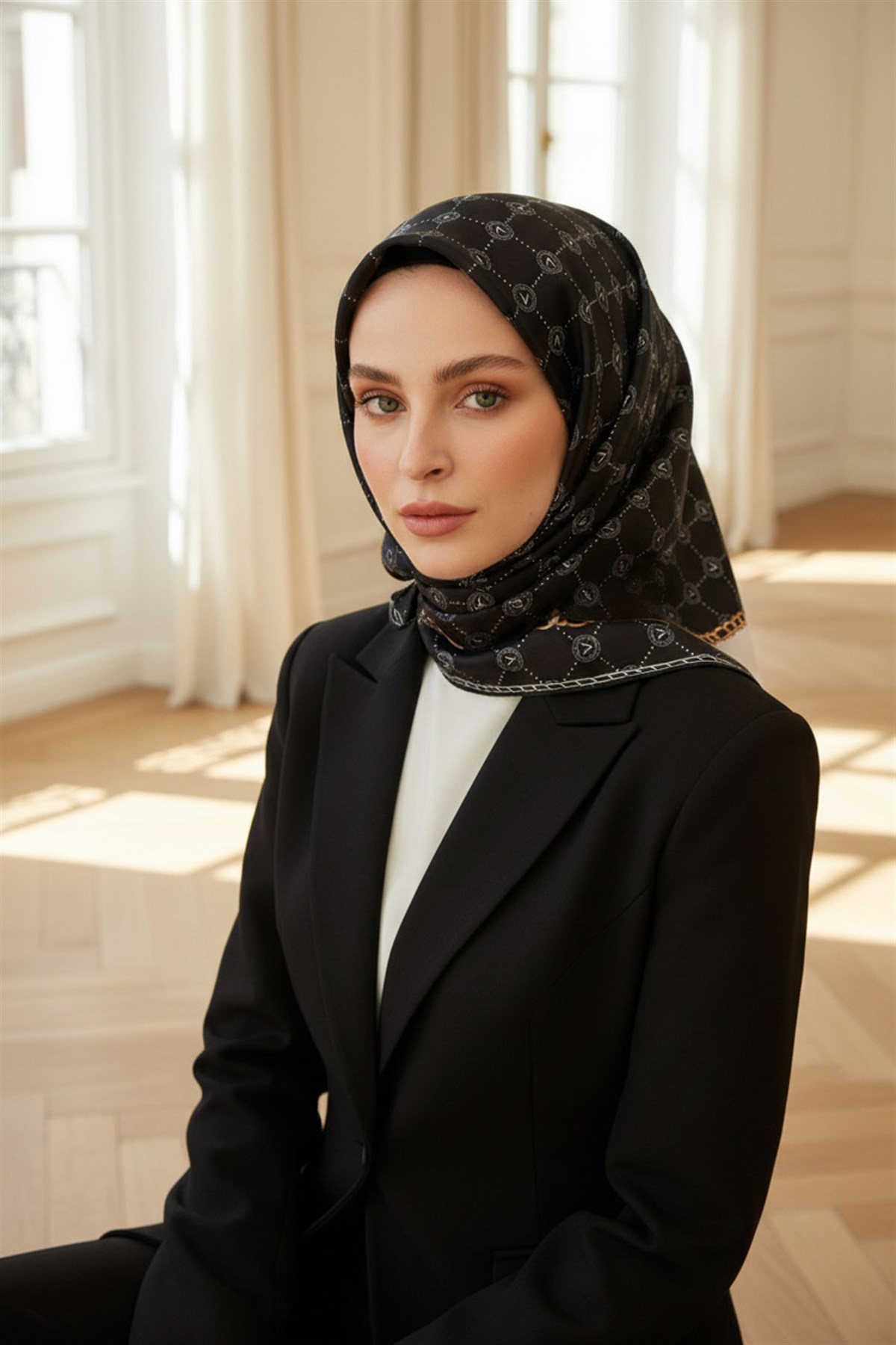 %100 Twill İpek Zincirli Ve Monogram Desenli Siyah - Krem Renkli 90x90 Eşarp Dikim Şekli : El Dikişi