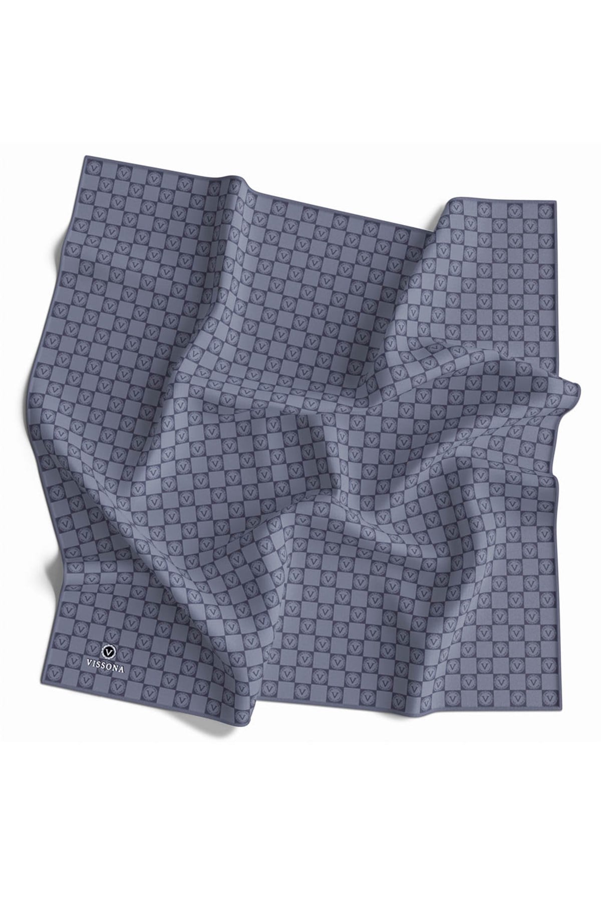 %100 Twill İpek Monogram Desenli Gri Renkli 90x90 Eşarp Dikim Şekli : El Dikişi