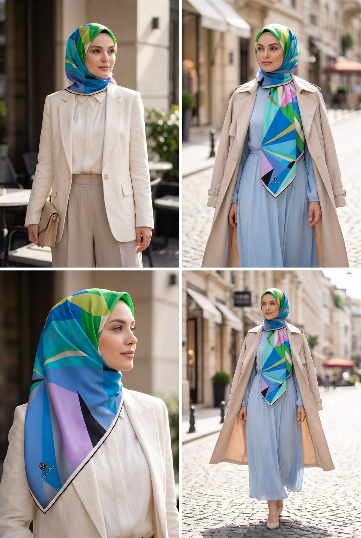 %100 Twill İpek Geometrik Desenli Zümrüt Yeşili - İndigo Renkli 90x90 Eşarp Dikim Şekli : El Dikişi