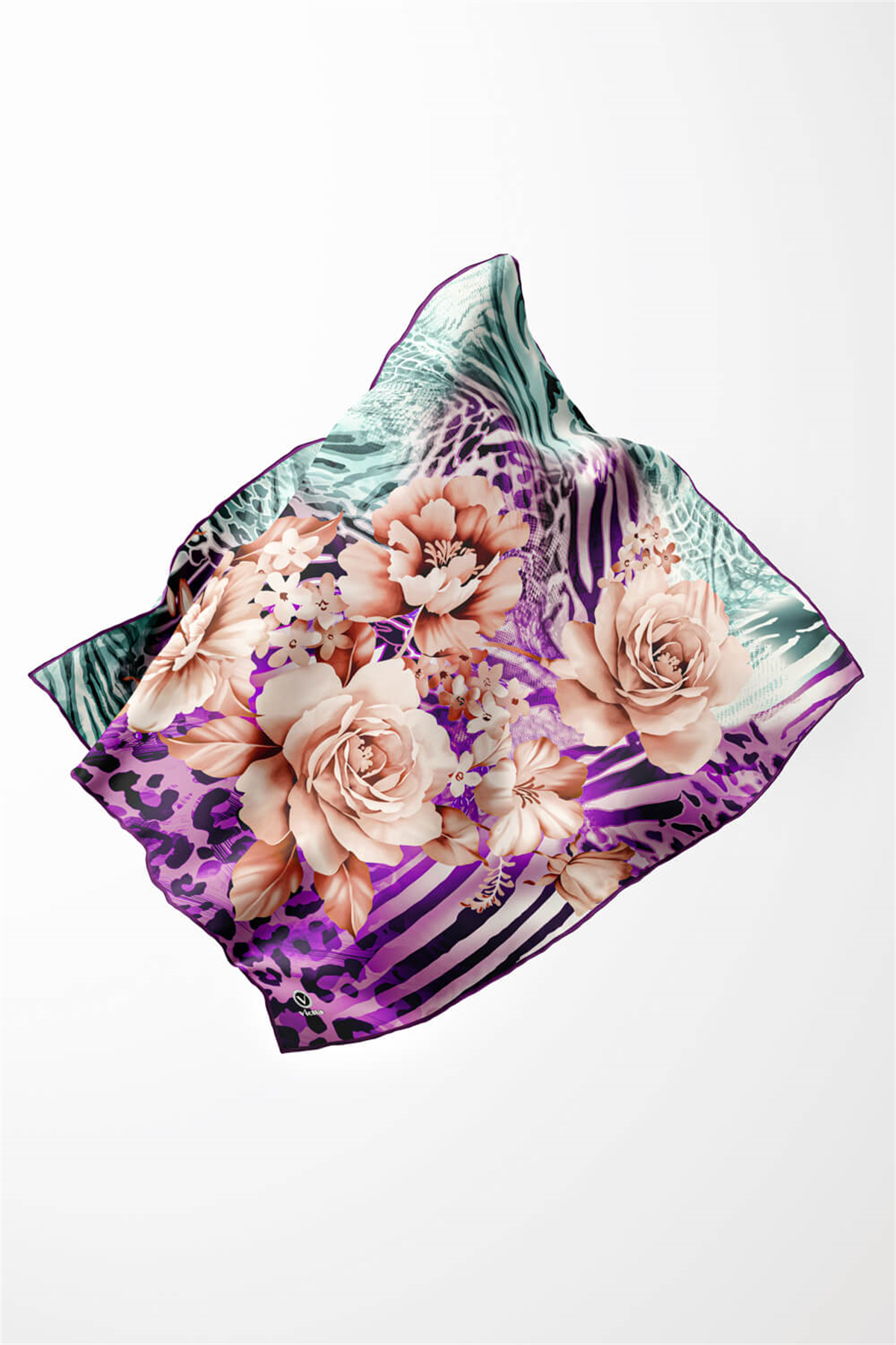 Twill Renkli Şerit Desenli Mor Renkli 90x90 Eşarp (İpek İçermez) Kenar Dikiş Şekli El Dikişli