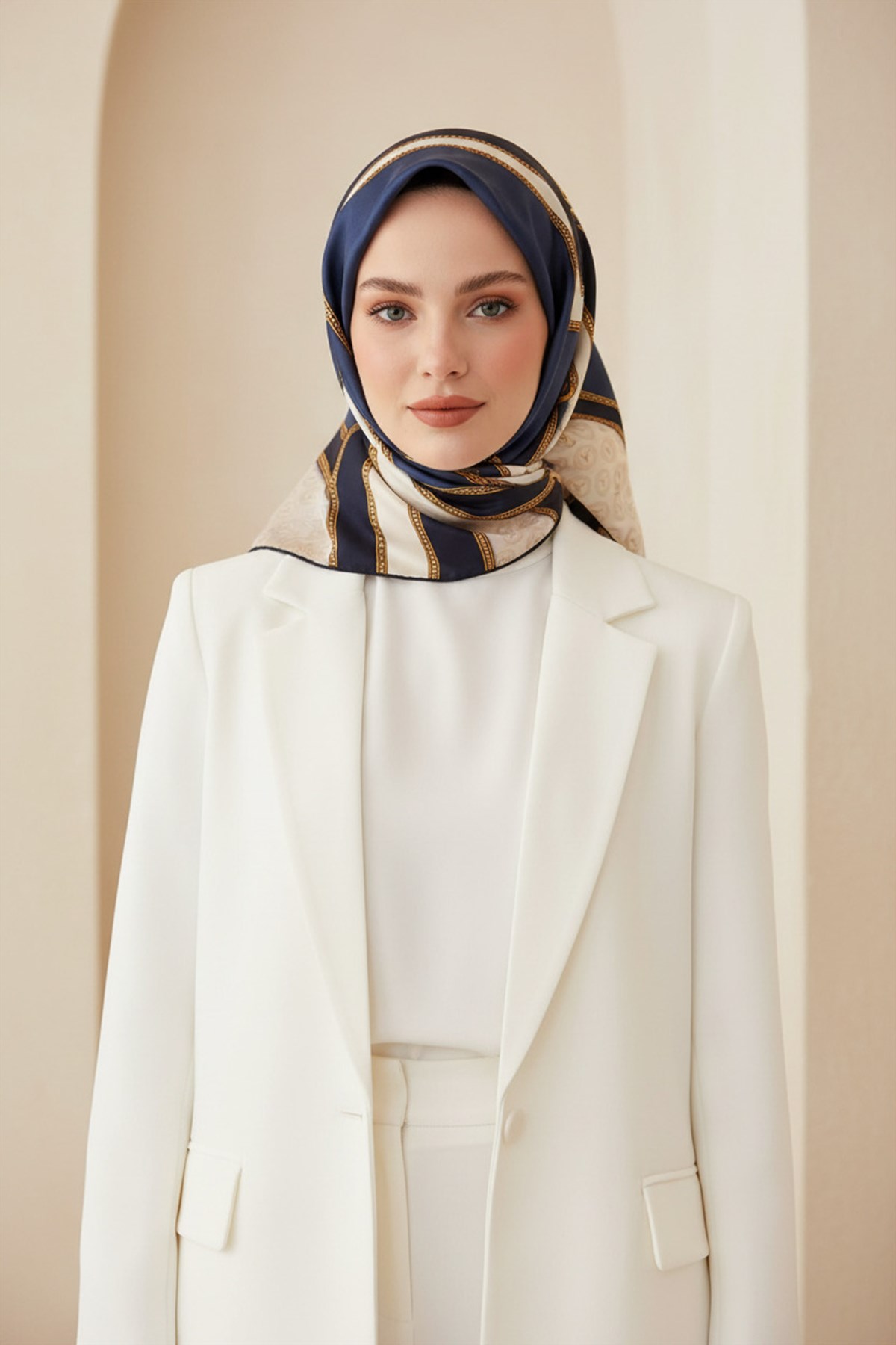 %100 Twill İpek Monogram ve Barok Desenli Lacivert - İndigo Renkli 90x90 Eşarp Dikim Şekli : El Dikişi
