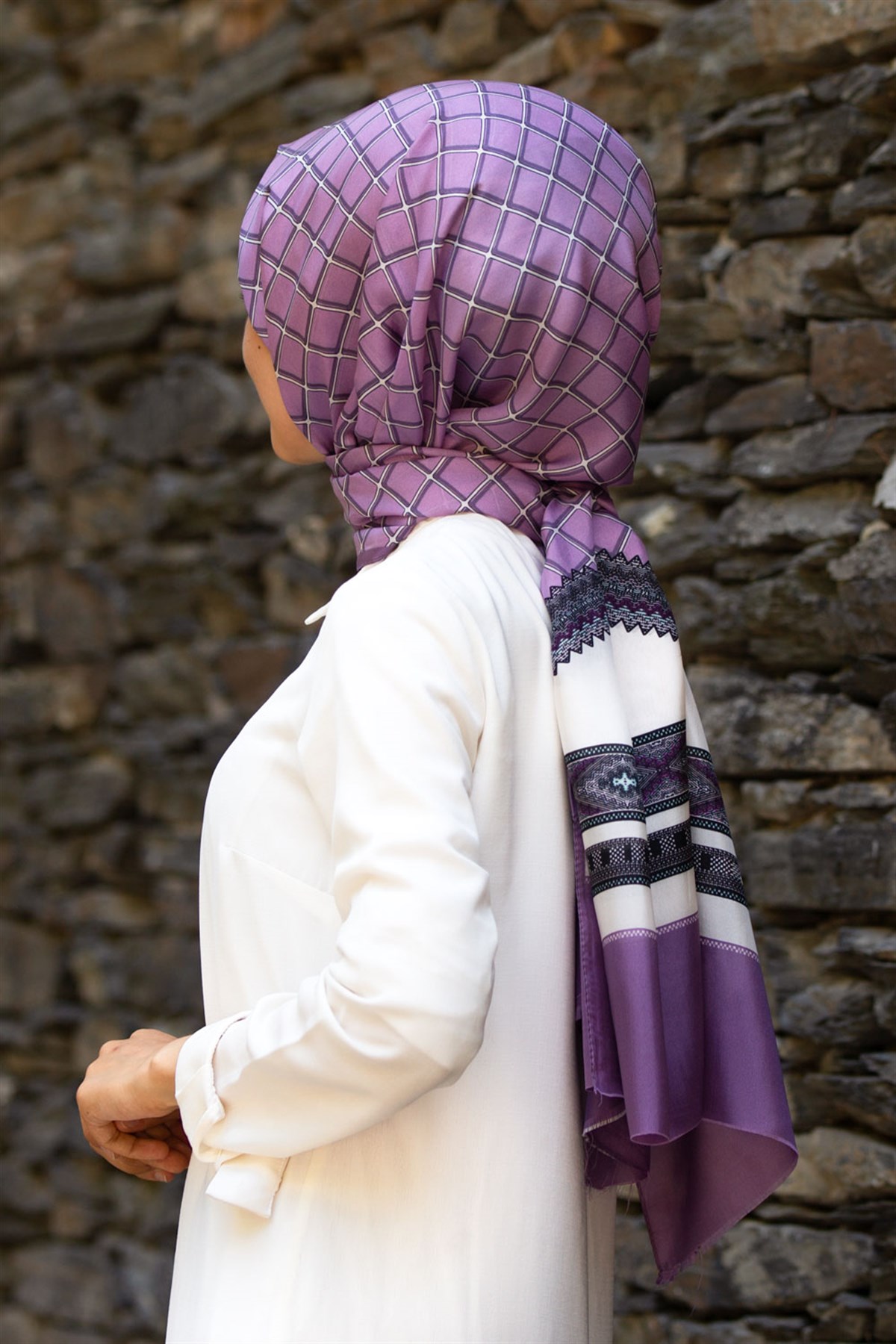 %100 İpek Etnik Desenli Lila - Krem Renkli 92x210 Şal