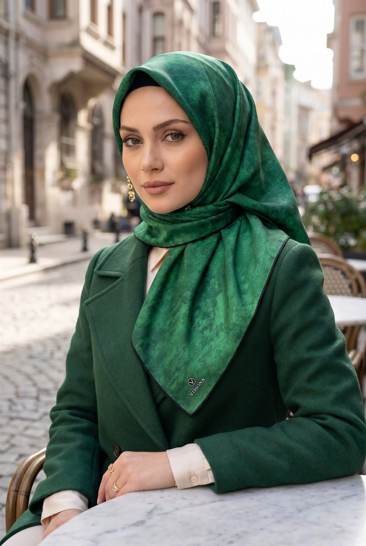 %100 Twill İpek Doku Desenli Zümrüt Yeşili Renkli 90x90 Eşarp Dikim Şekli : El Dikişi