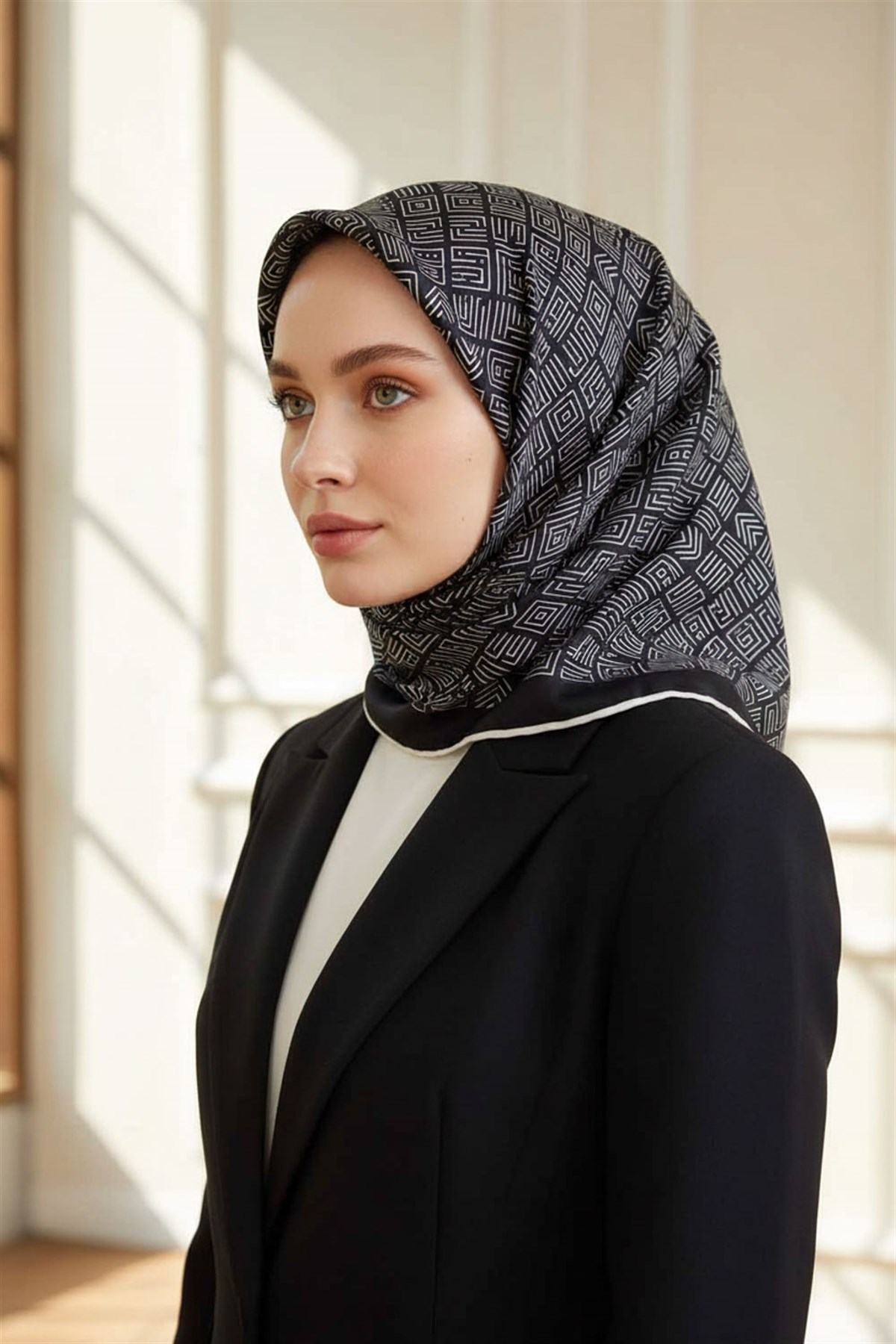 100% Twill İpek Etnik Motif Desenli Siyah - Krem Renkli 90x90 Dikim Şekli : El Dikişi Eşarp