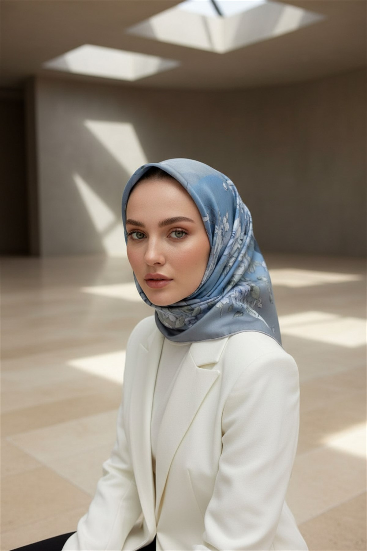 %100 Twill İpek Geometrik Ve Çiçek Desenli Bebe Mavisi Renkli 90x90 Eşarp Dikim Şekli : El Dikişi
