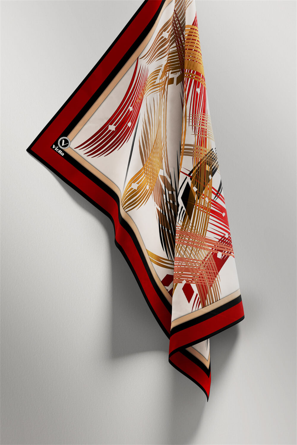 Twill Geometrik Desenli Bordo Renkli 90x90 Eşarp (İpek İçermez) Kenar Dikiş Şekli El Dikişli