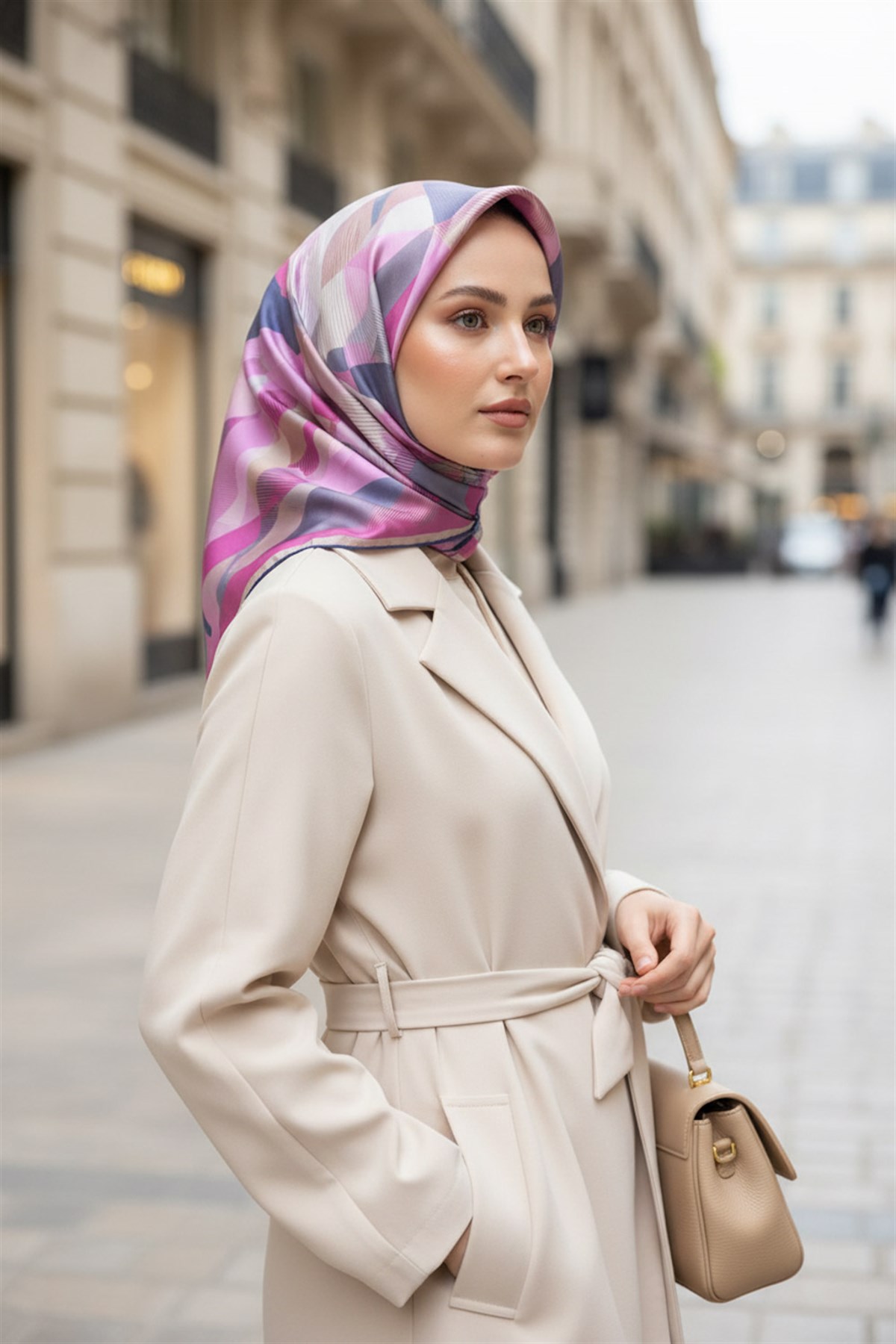 %100 Twill İpek Çiçek Desenli Pembe - İndigo Renkli 90x90 Eşarp Dikim Şekli : El Dikişi