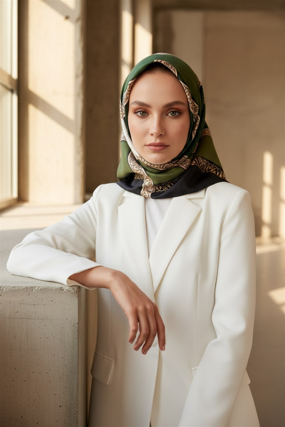 %100 Twill İpek Geometrik Desenli Zümrüt Yeşili - Siyah Renkli 90x90 Eşarp Dikim Şekli : El Dikişi