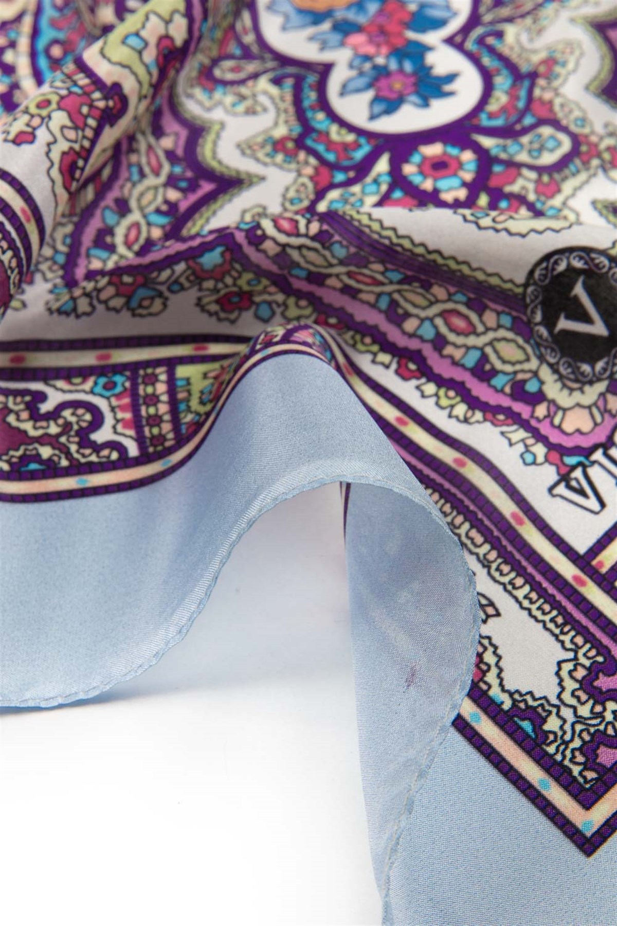 %100 İpek Etro Desenli Bebe Mavisi Renkli 92x210 Şal