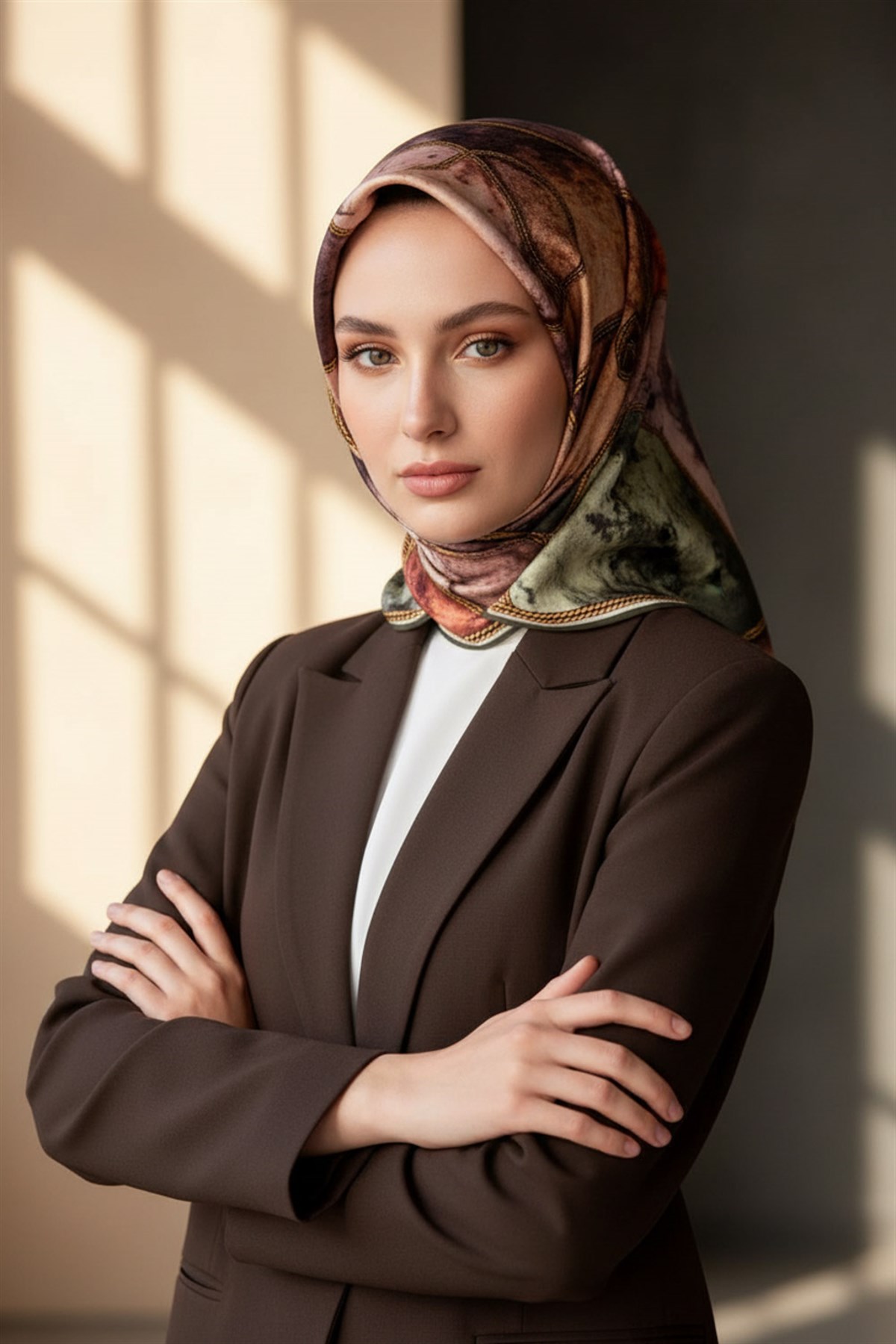 %100 Twill İpek Zincirli Mermer Desenli Haki - Bakır Renkli 90x90 Eşarp Dikim Şekli : El Dikişi