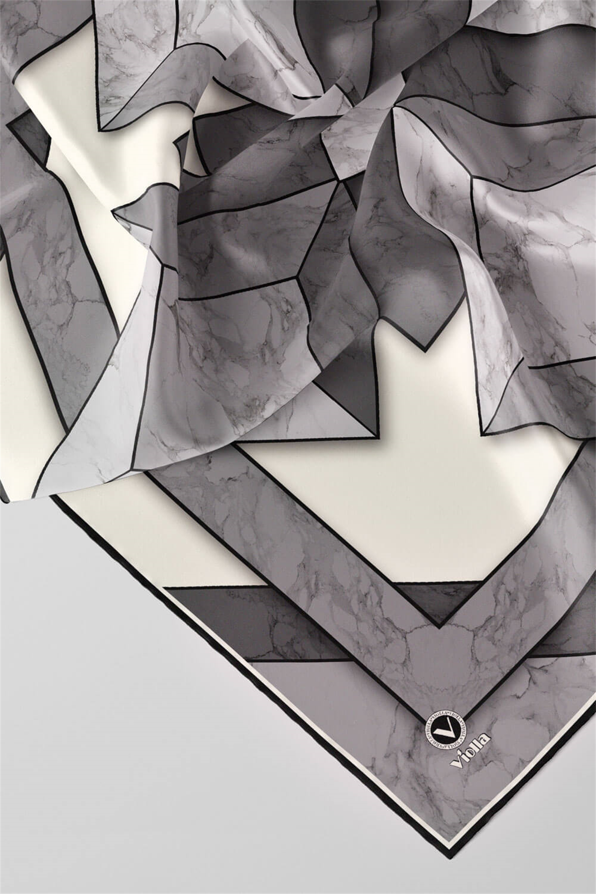 Twill Mermer Desenli Siyah - Krem Renkli 90x90 Eşarp (İpek İçermez) Kenar Dikiş Şekli El Dikişli
