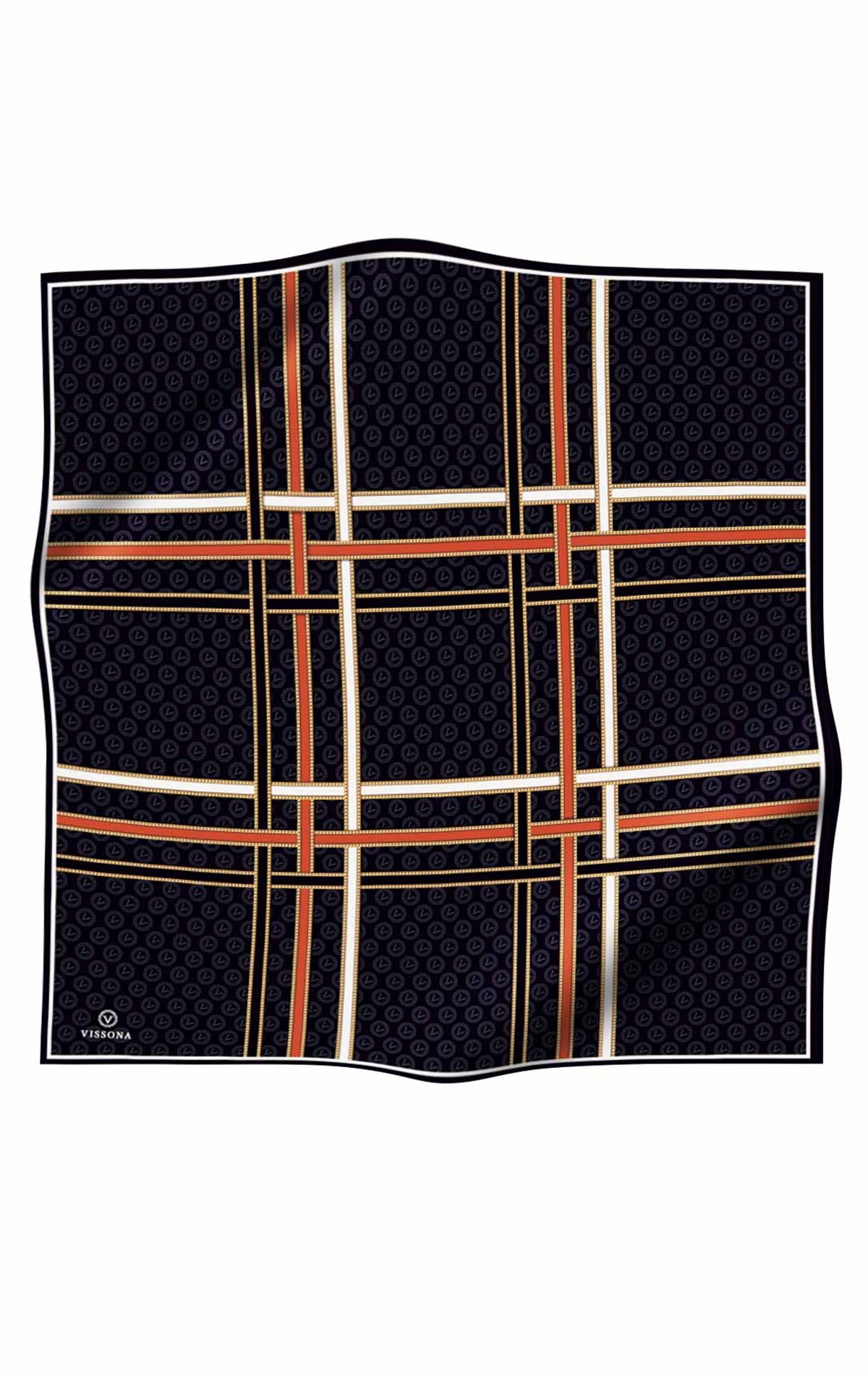 %100 Twill İpek Gold Şeritli Monogram Desenli Siyah - Taba Renkli 90x90 Eşarp Dikim Şekli : El Dikişi