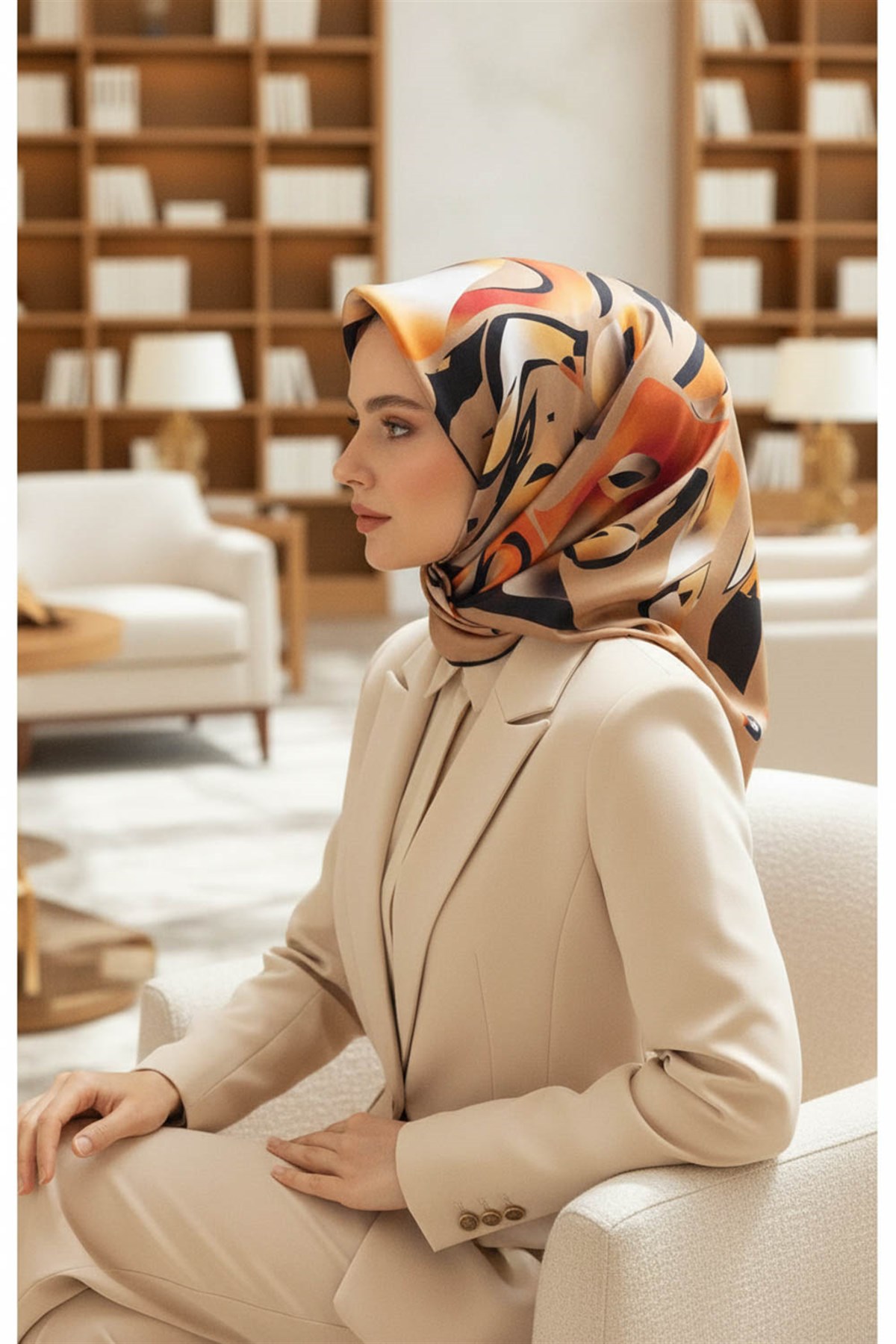 %100 Twill İpek Geometrik Desenli Taba - Bej Renkli 90x90 Eşarp Dikim Şekli : El Dikişi