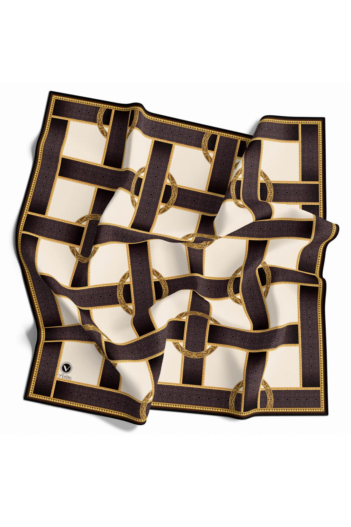 Twill Kemer Desenli Bej Renkli 90x90 Eşarp (İpek İçermez) Dikim Şekli : El Dikişi