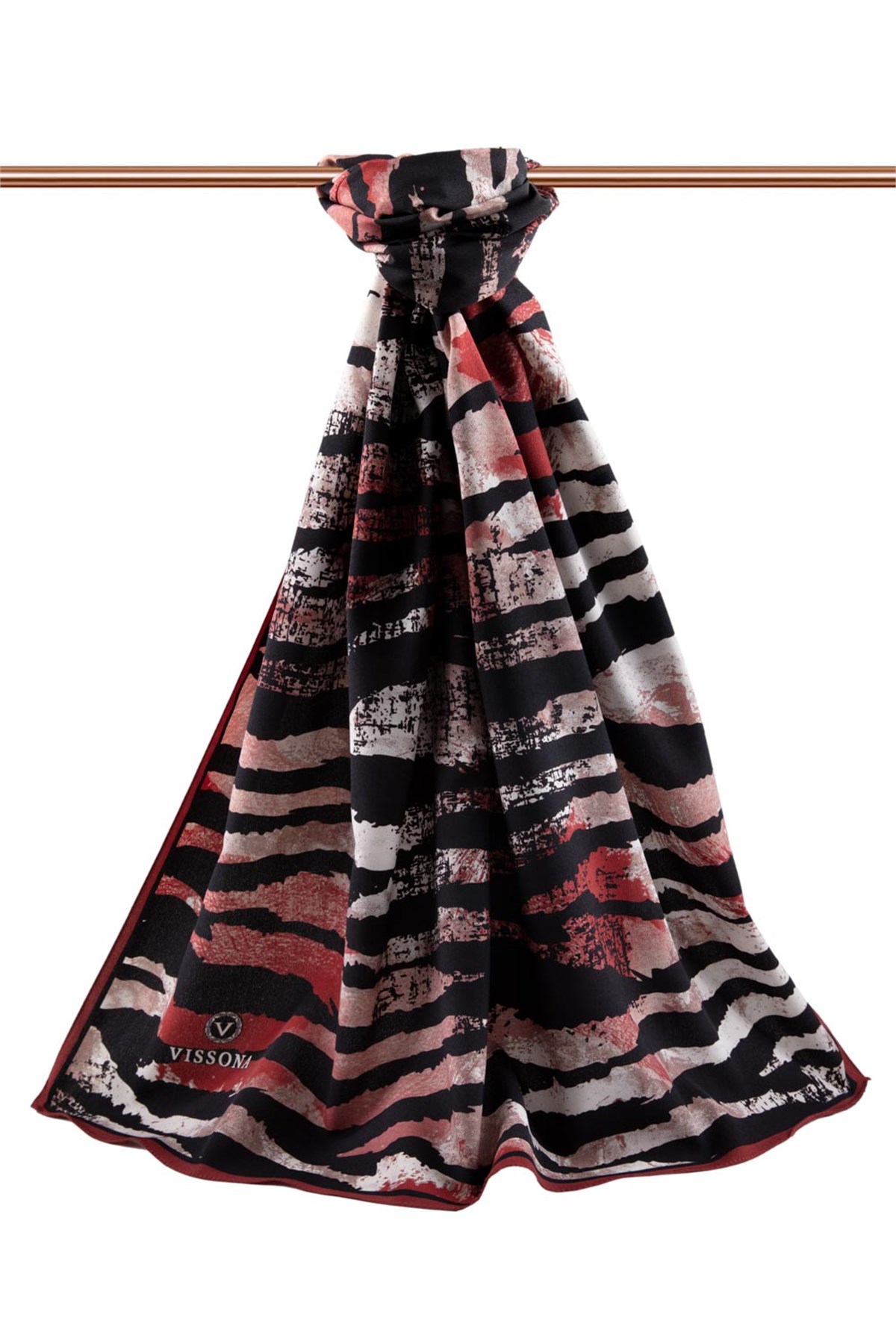 KREP ZEBRA DESENLİ BORDO - SİYAH RENKLİ 75X195 KIRIŞMAZ ŞAL