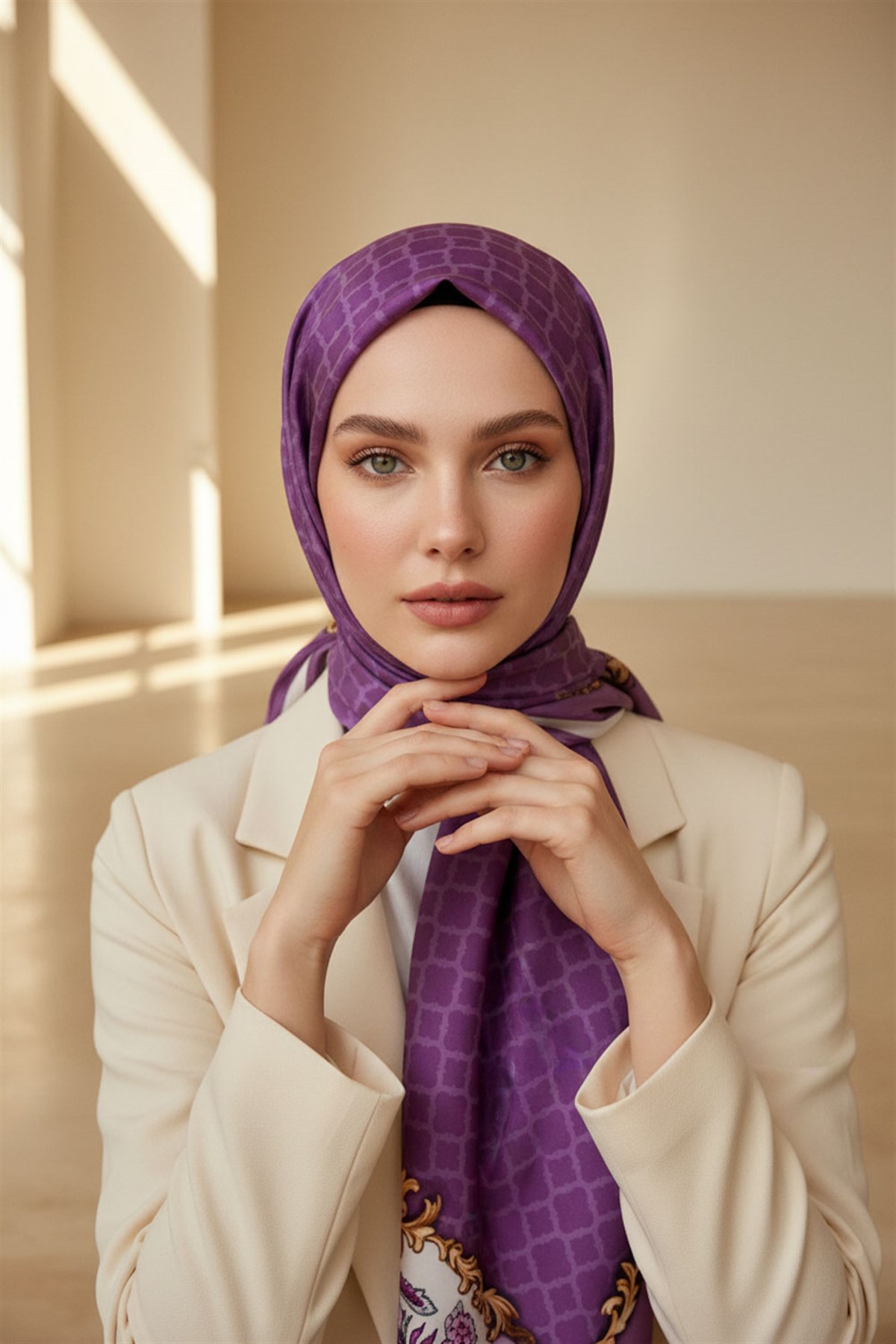 %100 Saf İpek Şal İnce Saten Vual Dokuma Dokuma Çiçek Desenli Mor - Lila Renkli 90x210 Şal