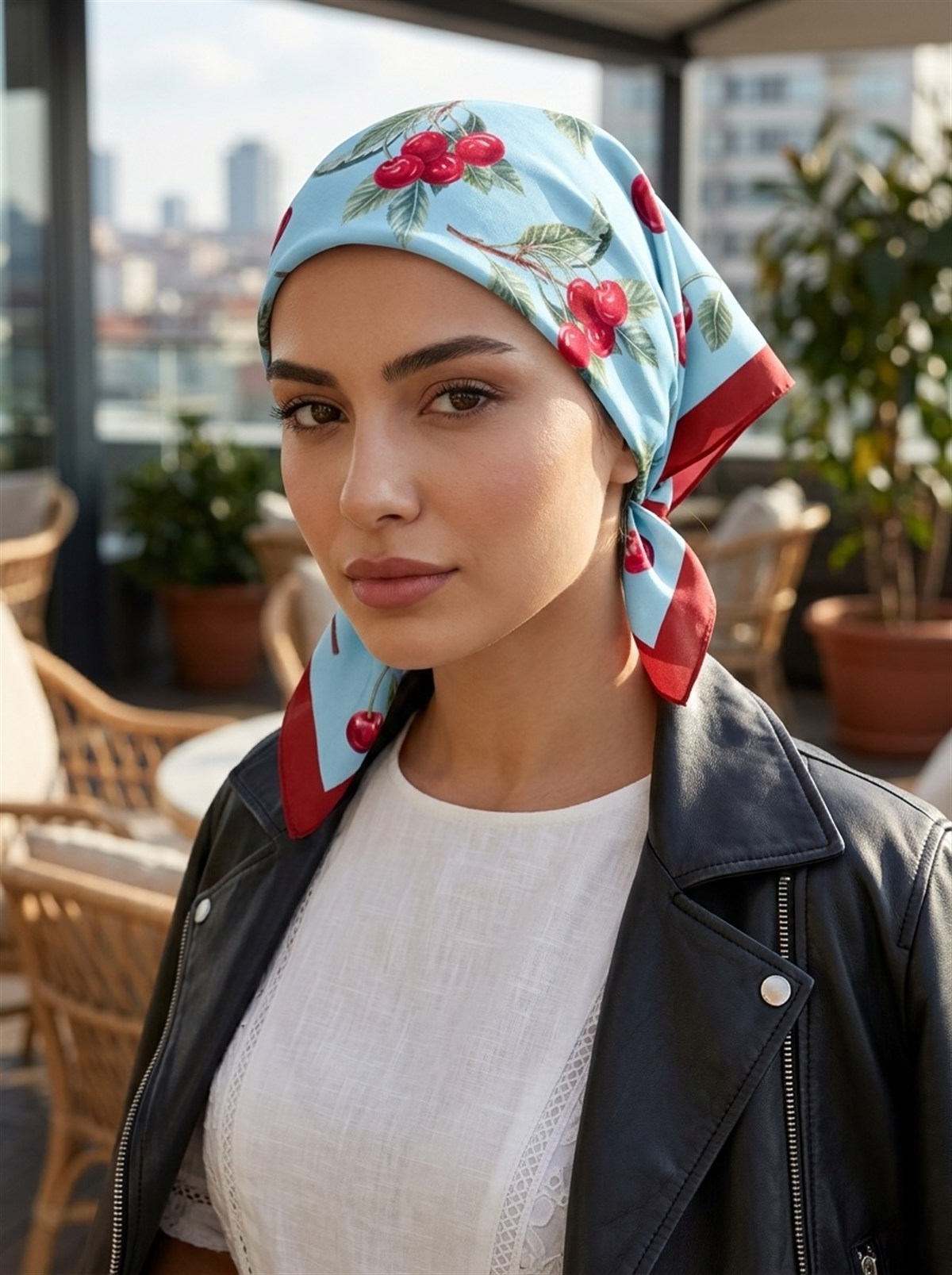 Violla B13 Kadın Kiraz Desenli Bandana 55x55 Kırmızı Yeşil