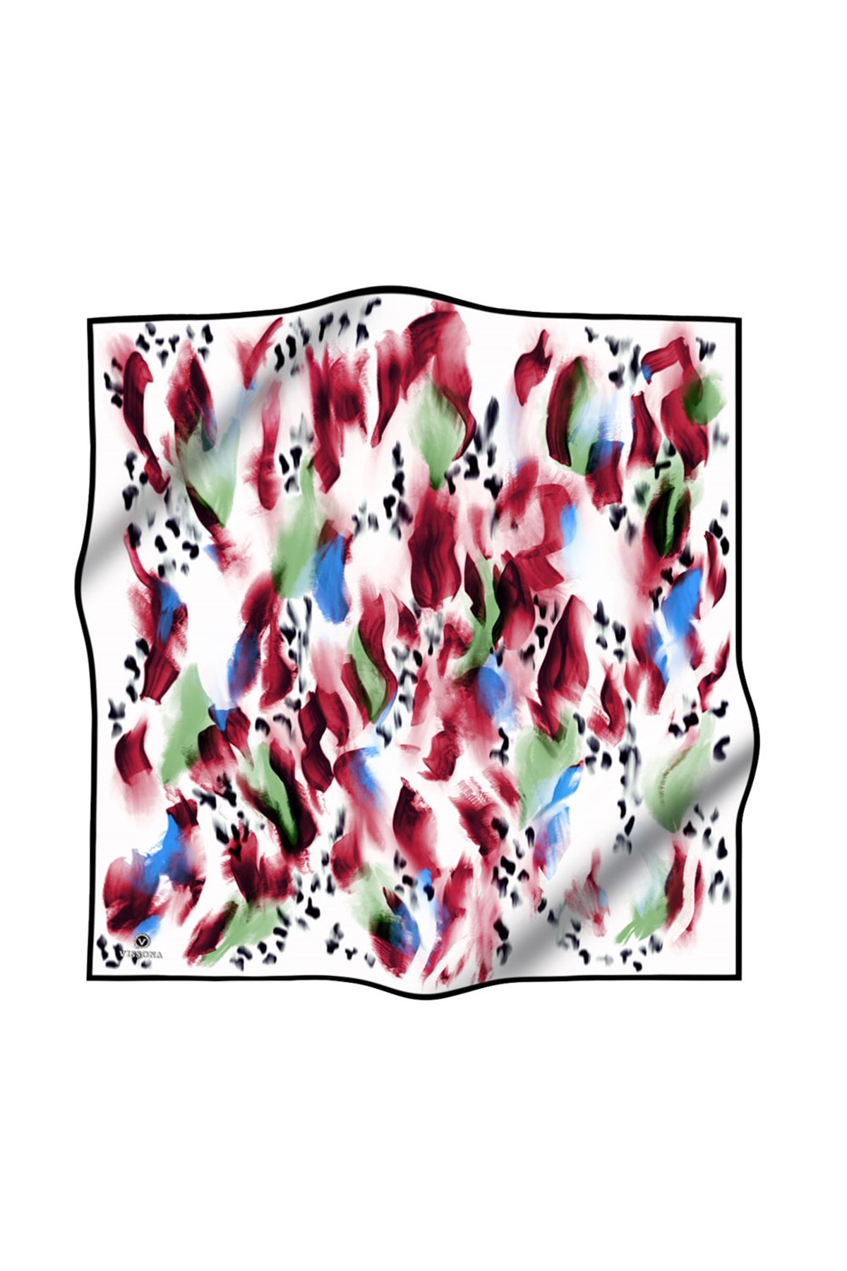 %100 Twill İpek Batik Desenli Bordo - Saks Renkli 90x90 Eşarp Dikim Şekli : El Dikişi