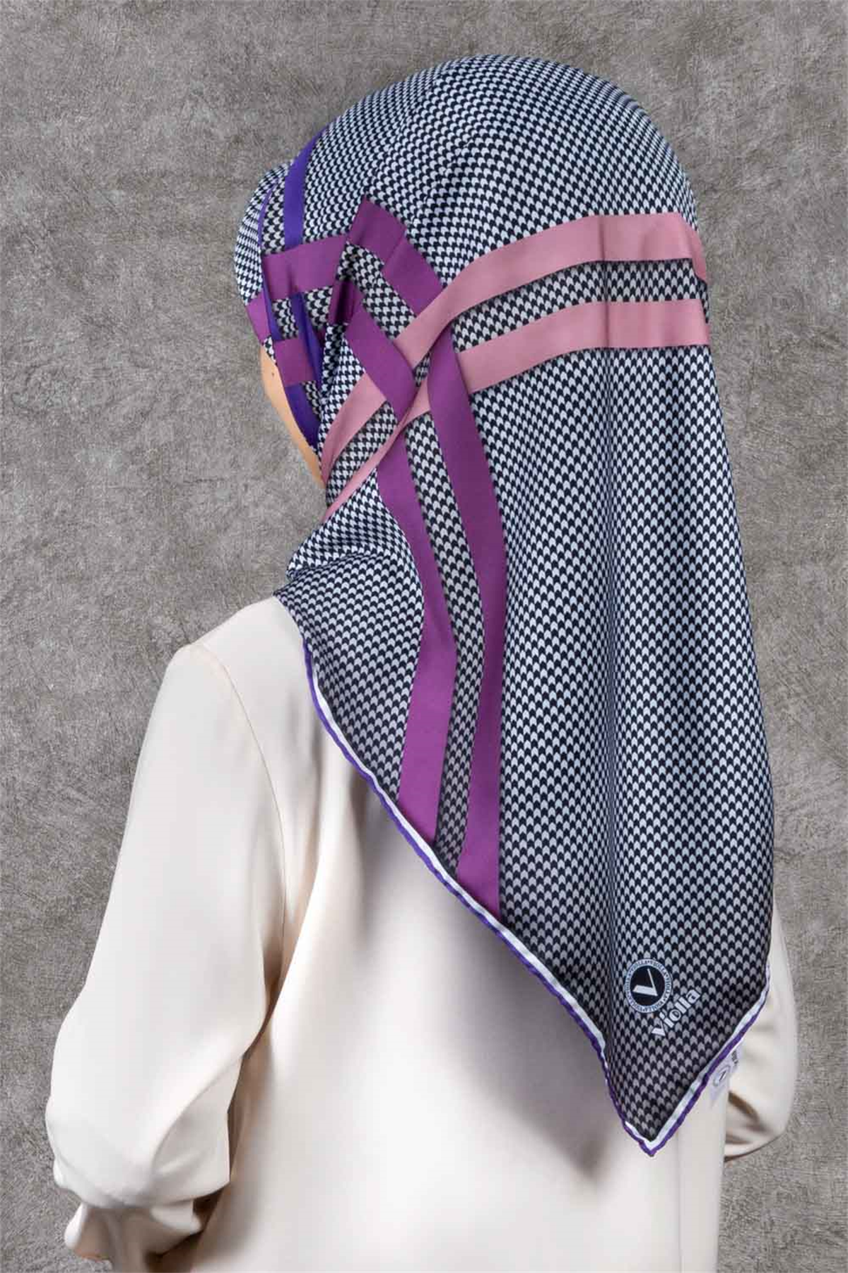 Twill Çizgili Pötikareli Çizgili Desenli Mor - Pembe Renkli 90x90 Eşarp (İpek İçermez)