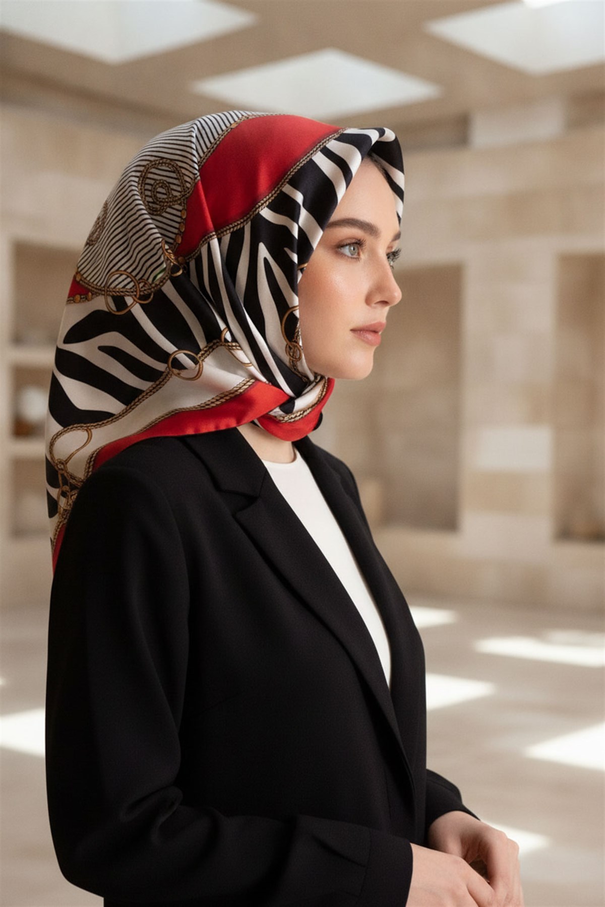 %100 Twill İpek Zincirli Ve Zebra Desenli Kırmızı - Siyah Renkli 90x90 Eşarp Dikim Şekli : El Dikişi