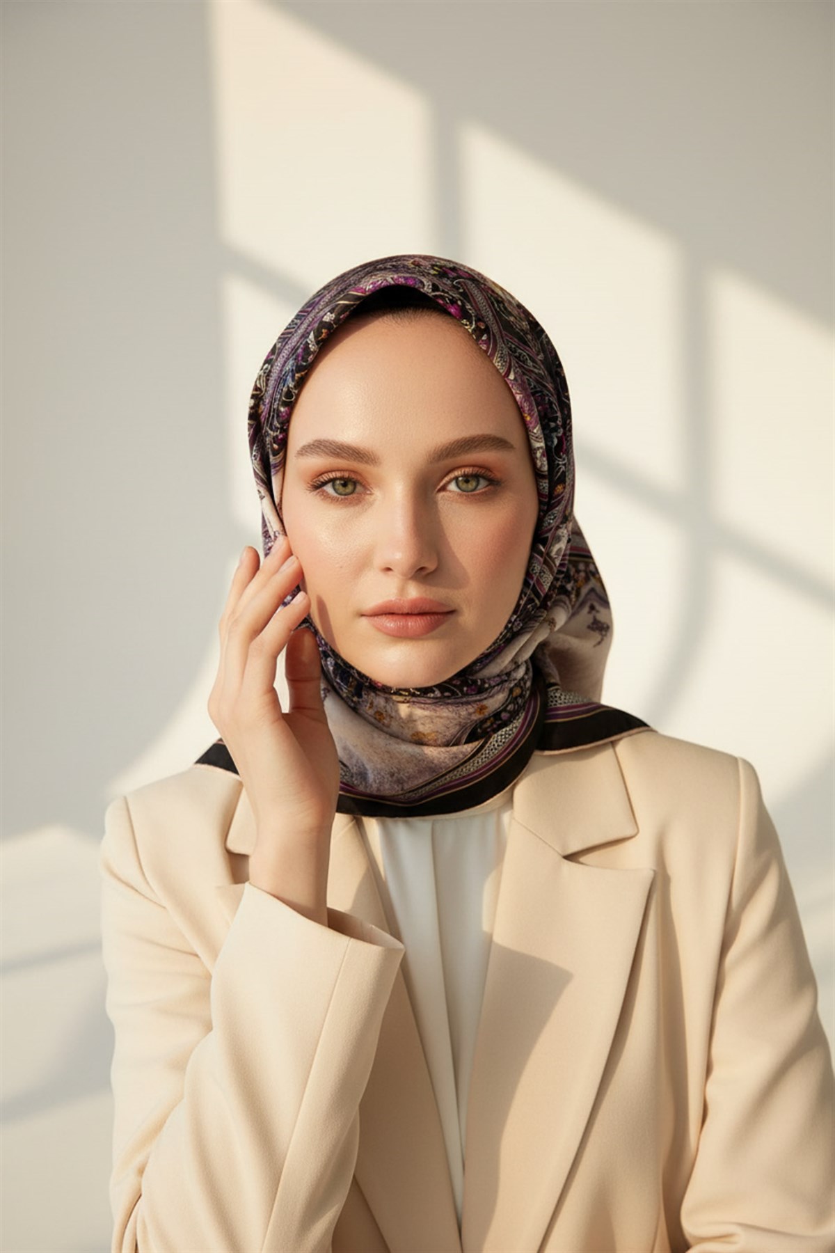 %100 Twill İpek Şal Desenli Siyah - Mürdüm Renkli 90x90 Eşarp Dikim Şekli : El Dikişi