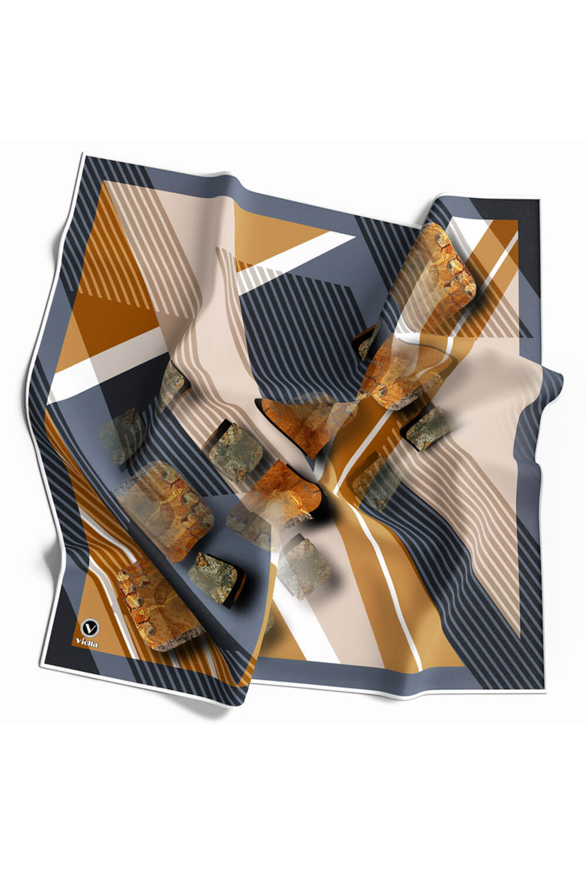 Twill Çizgili ve Geometrik Desenli Hardal Renkli 90x90 Eşarp (İpek İçermez) Kenar Dikiş Şekli El Dikişli