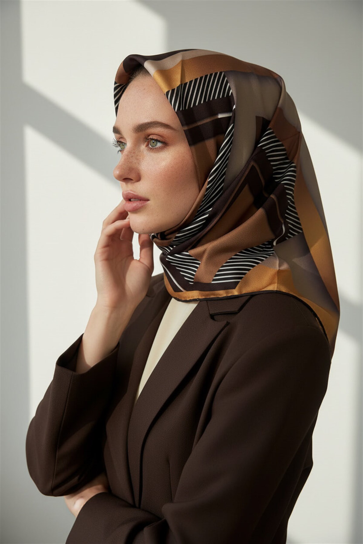 %100 Twill İpek Zebra Desenli Bej - Gold Renkli 90x90 Eşarp Dikim Şekli : El Dikişi