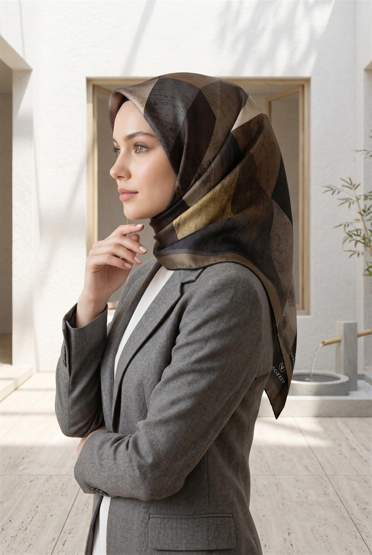 %100 Twill İpek Geometrik Desenli Bej - Gri Renkli 90x90 Eşarp Dikim Şekli : El Dikişi