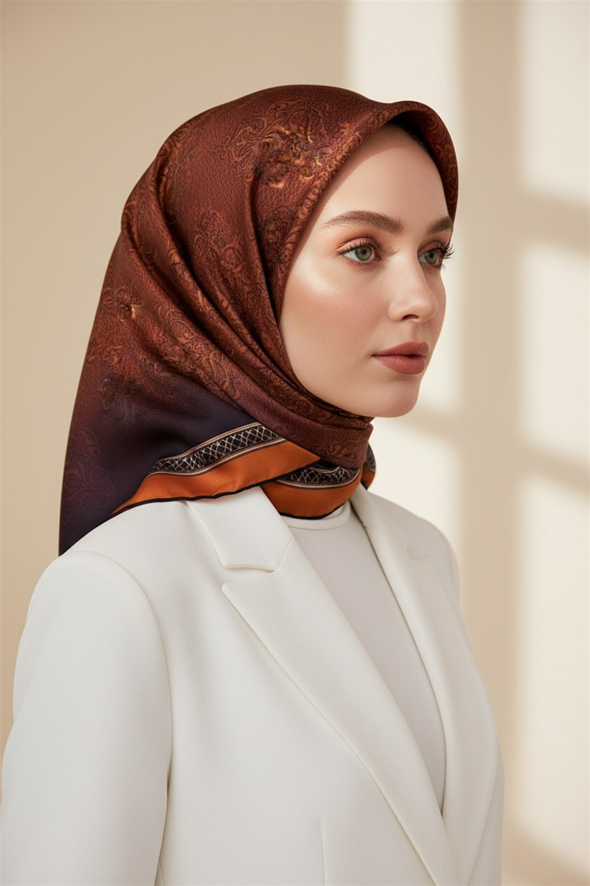 % 57 İPEK % 43 VİSKON Twill Barok Desenli Taba Renkli 90x90 Eşarp Dikim Şekli: El Dikişi
