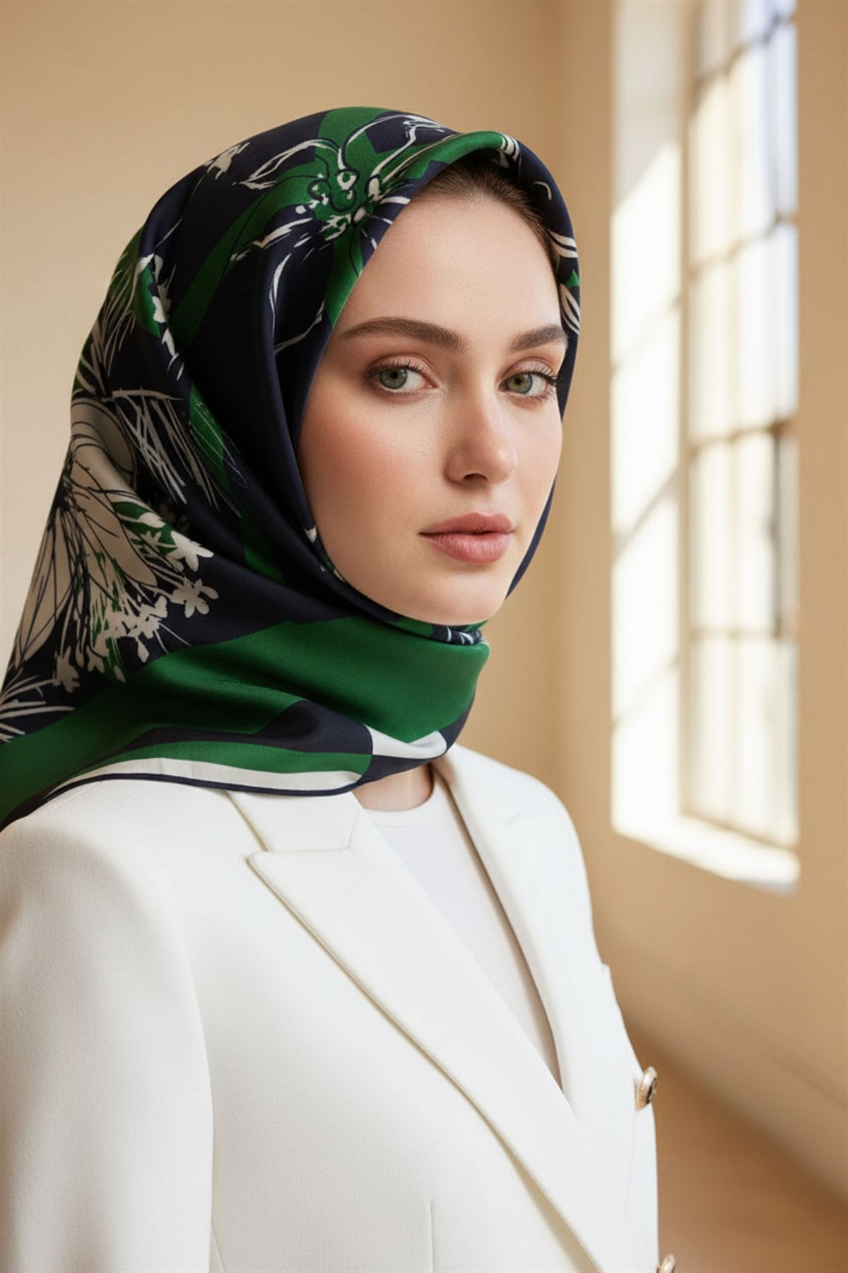 %100 Twill İpek Çiçekli ve Geometrik Desenli Zümrüt Yeşili - Lacivert Renkli 90x90 Eşarp Dikim Şekli : El Dikişi