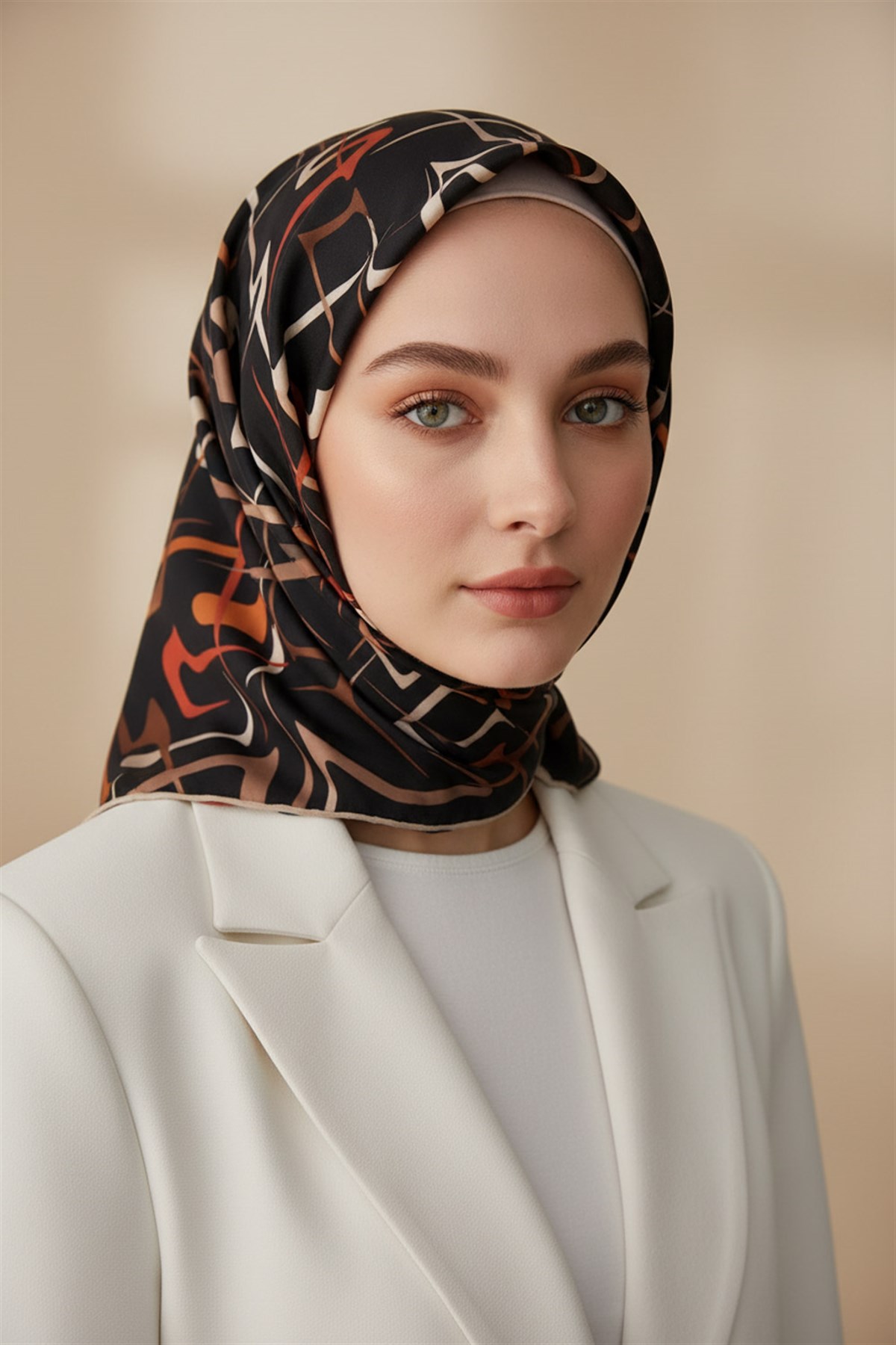 %100 Twill İpek Soyut Geometrik Desenli Taba - Sütlü Kahve Renkli 90x90 Eşarp Dikim Şekli : El Dikişi