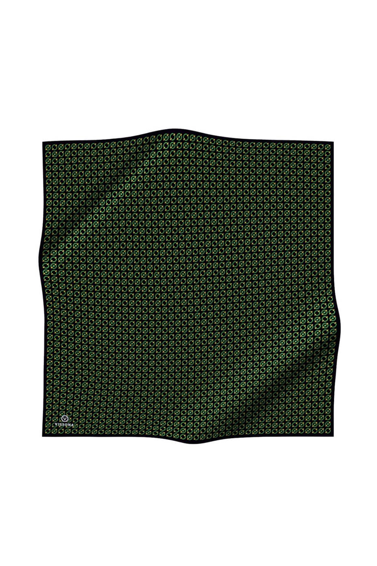 %100 Twill İpek Zincir Desenli Siyah - Zümrüt Renkli 90x90 Eşarp Kenar Dikiş Şekli El Dikişli