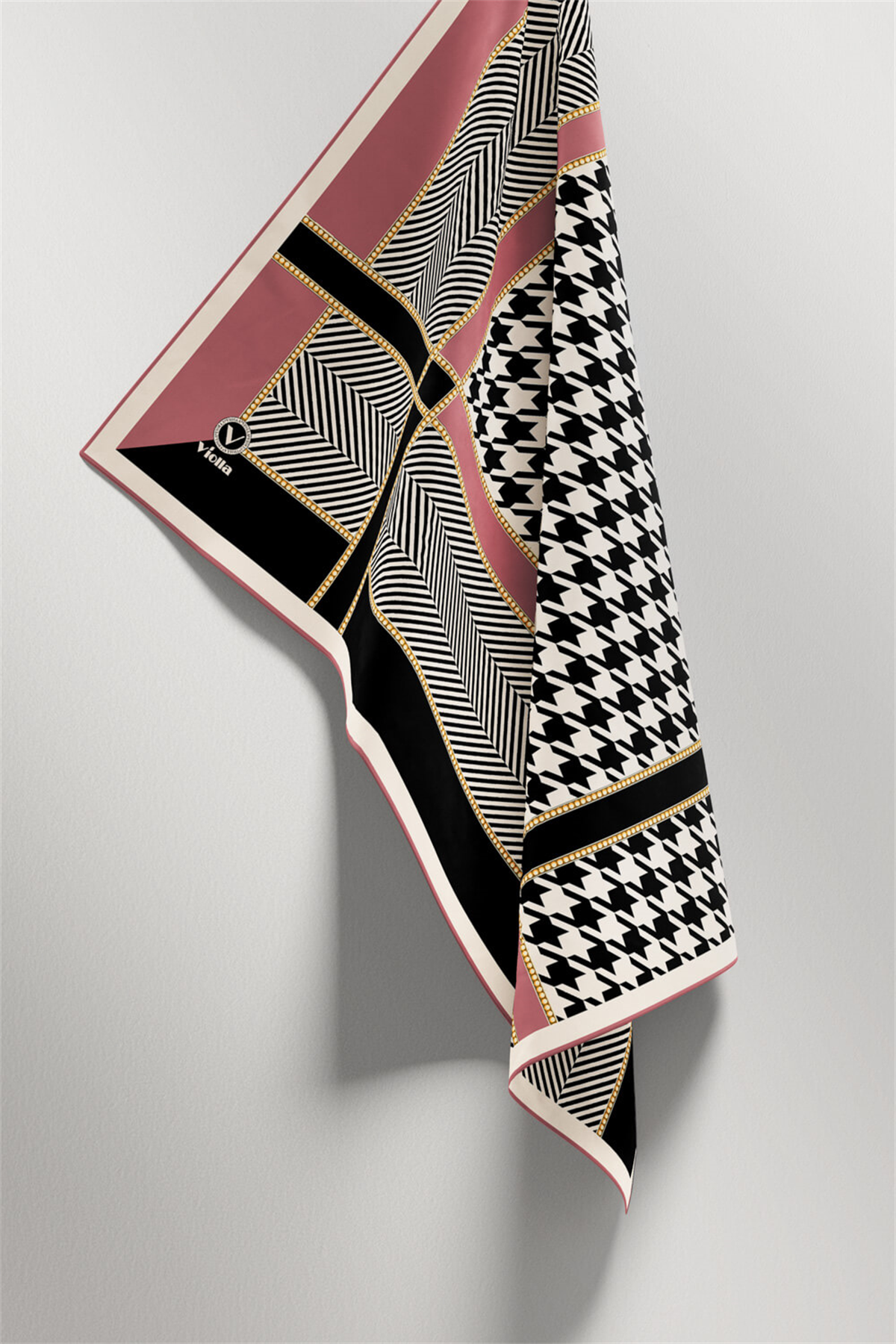 Twill Kazayağı Desenli Pudra Renkli 90x90 Eşarp (İpek İçermez) Kenar Dikiş Şekli El Dikişli