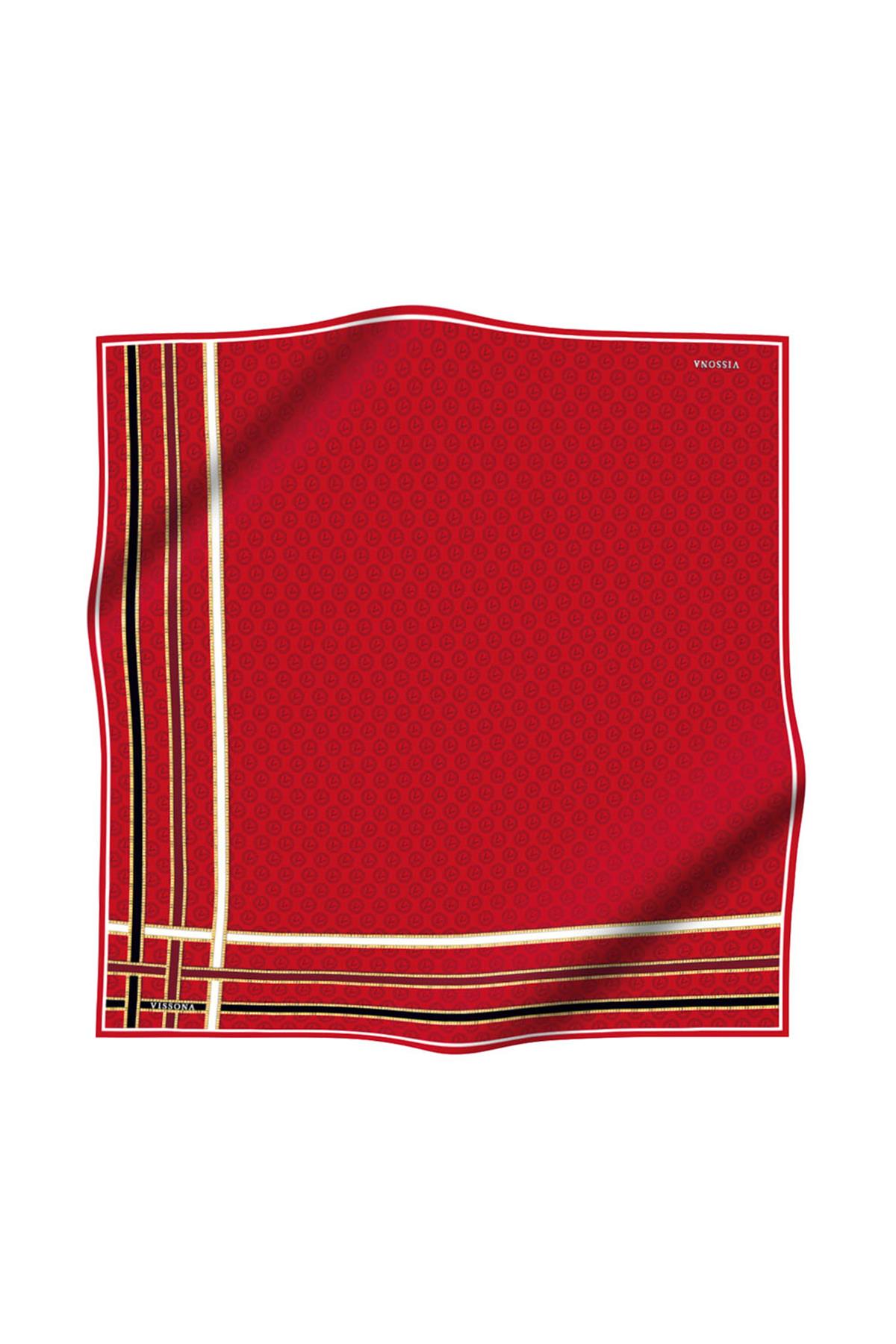 %100 Twill İpek Monogram Desenli Kırmızı - Siyah Renkli 90x90 Eşarp Dikim Şekli : El Dikişi