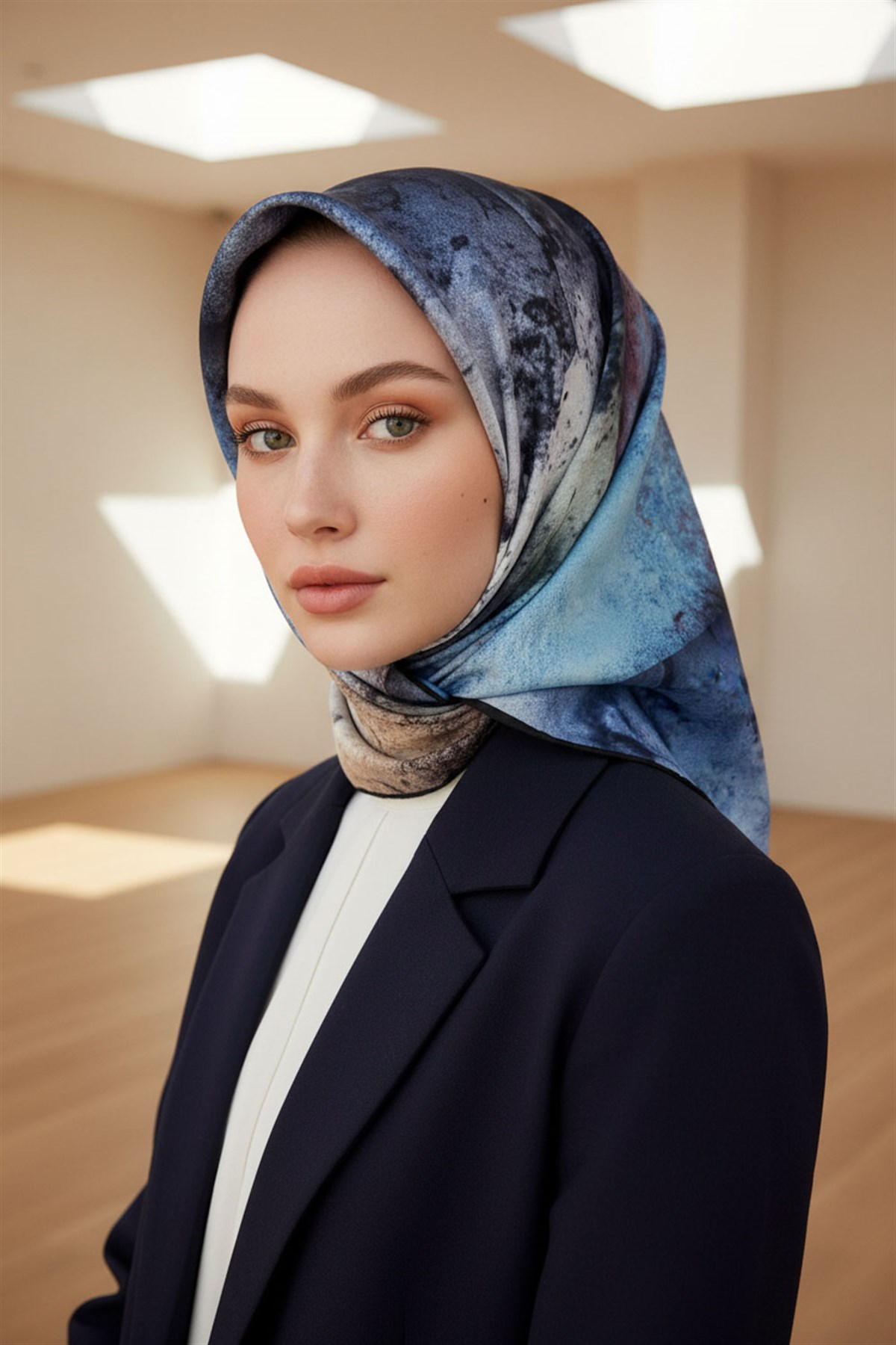 % 57 İPEK % 43 VİSKON Twill İpek Dokulu Ve Geometrik Desenli Bebe Mavisi - Mint Yeşili Renkli 90x90 Eşarp Dikim Şekli : El Dikişi