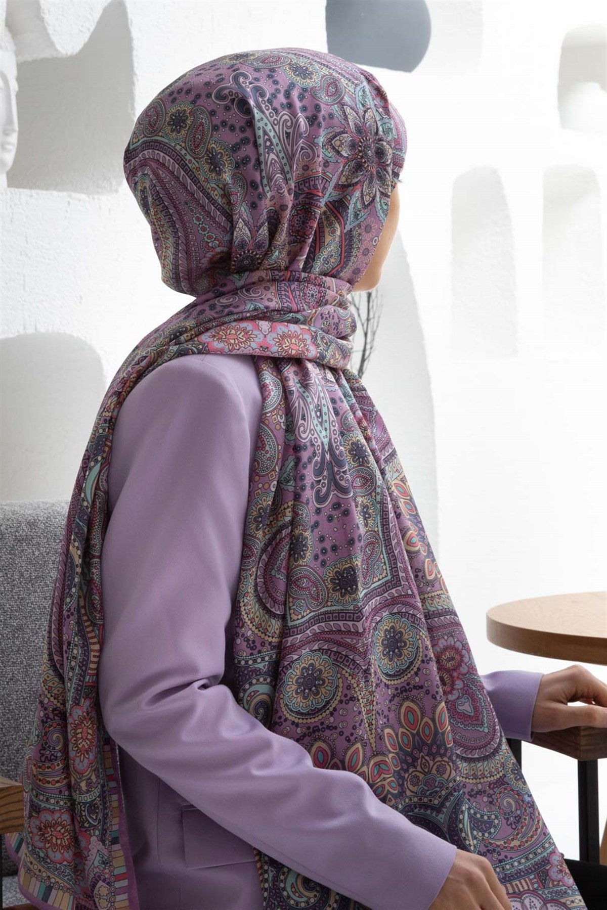 100% İpek Etro Desenli Mürdüm Renkli 92x210 Şal