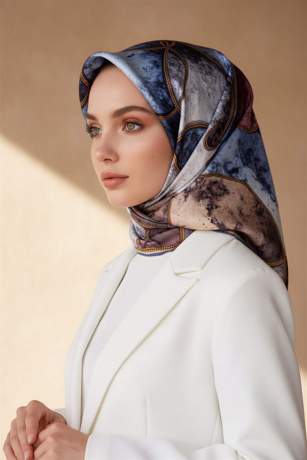 % 57 İPEK % 43 VİSKON Twill İpek Zincirli Mermer Desenli Bebe Mavisi - Pudra Renkli 90x90 Eşarp Dikim Şekli : El Dikişi