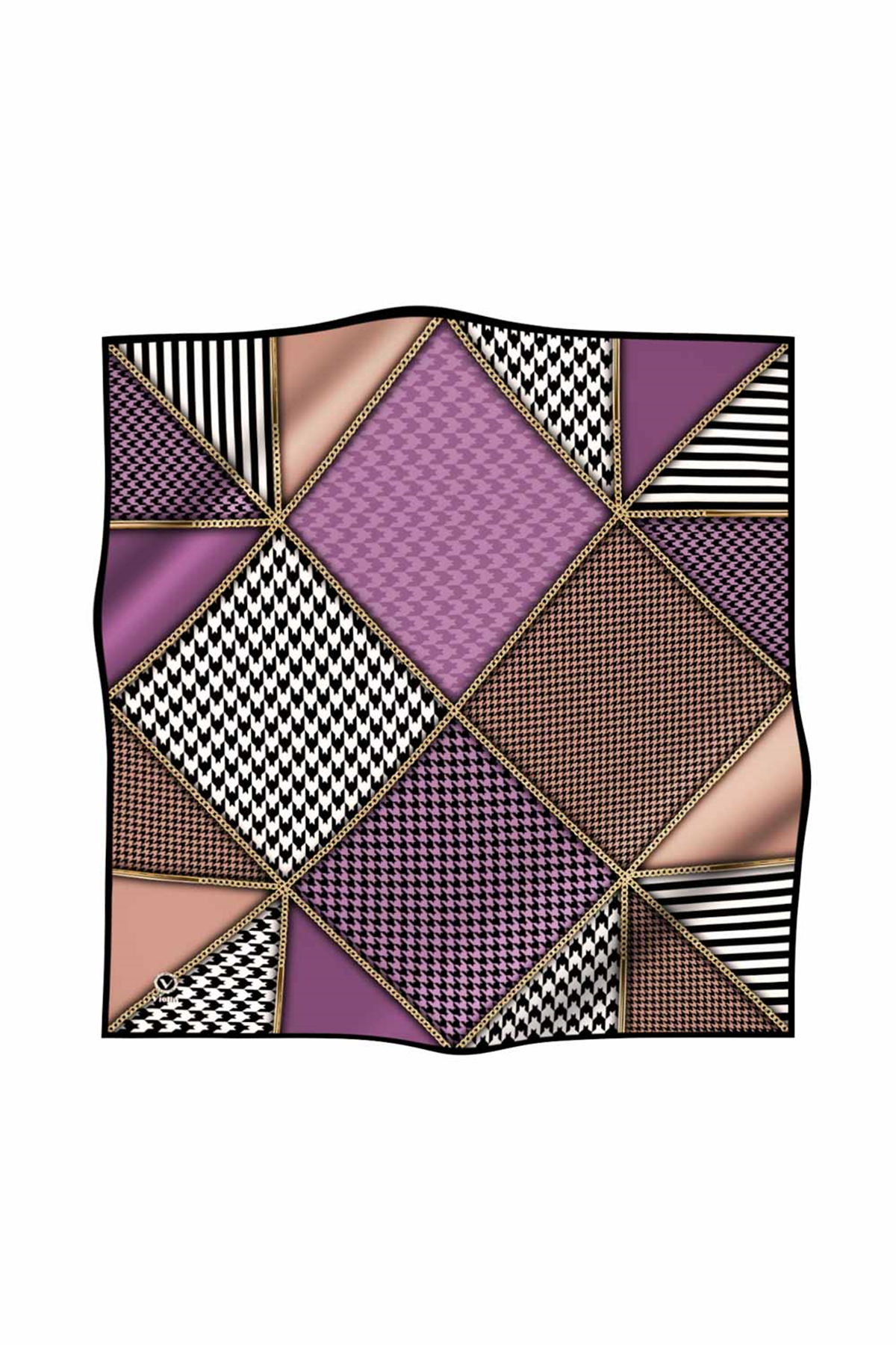 Twil Geometrik Ve Kazayak Desenli Lila - Somon Renkli 90x90 Eşarp (İpek İçermez) Dikim Şekli : El Dikişi