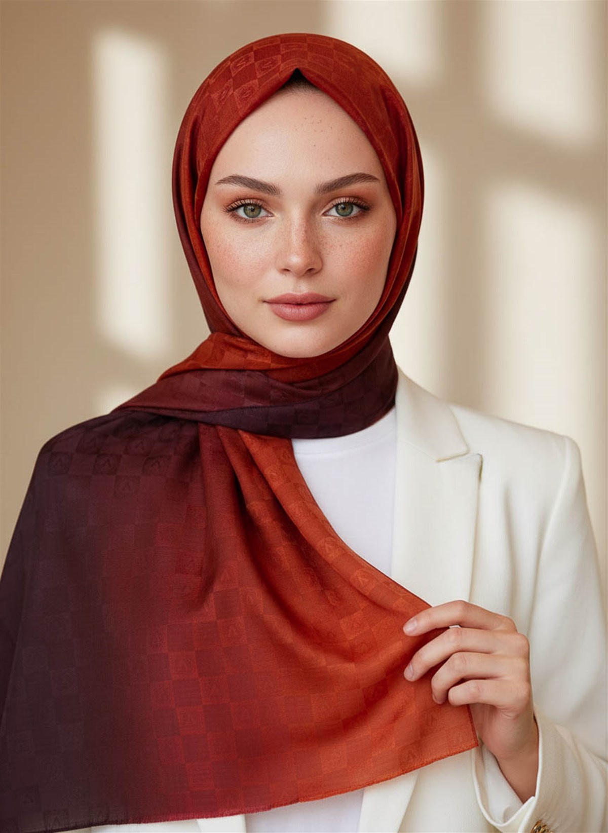 Vissona %57 İPEK %43 PAMUK Degrade Desenli Taba Renkli Şal -  70x190 Dikiş Tipi İtalyan Dikişli