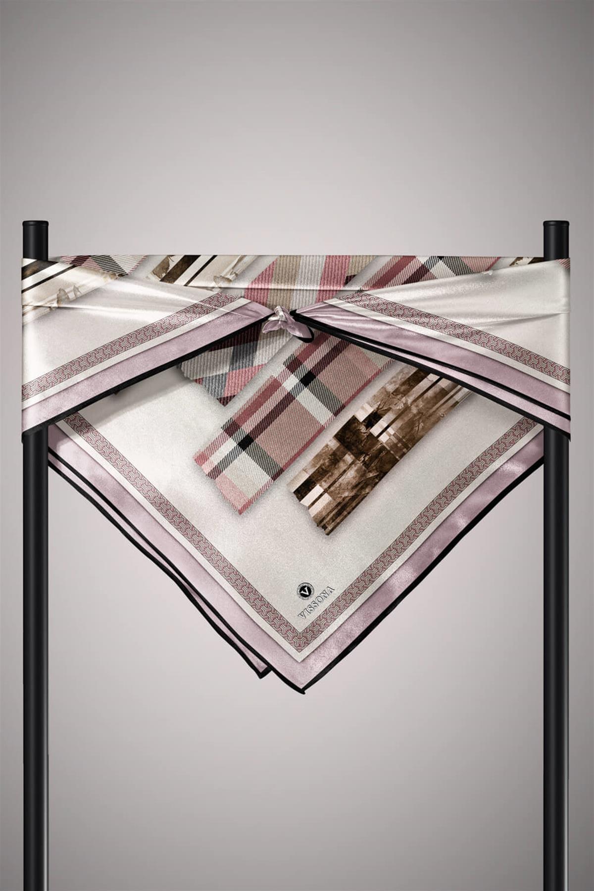 %100 Twill İpek Ekose Desenli Pudra - Gri Renkli 90x90 Eşarp Dikim Şekli : El Dikişi