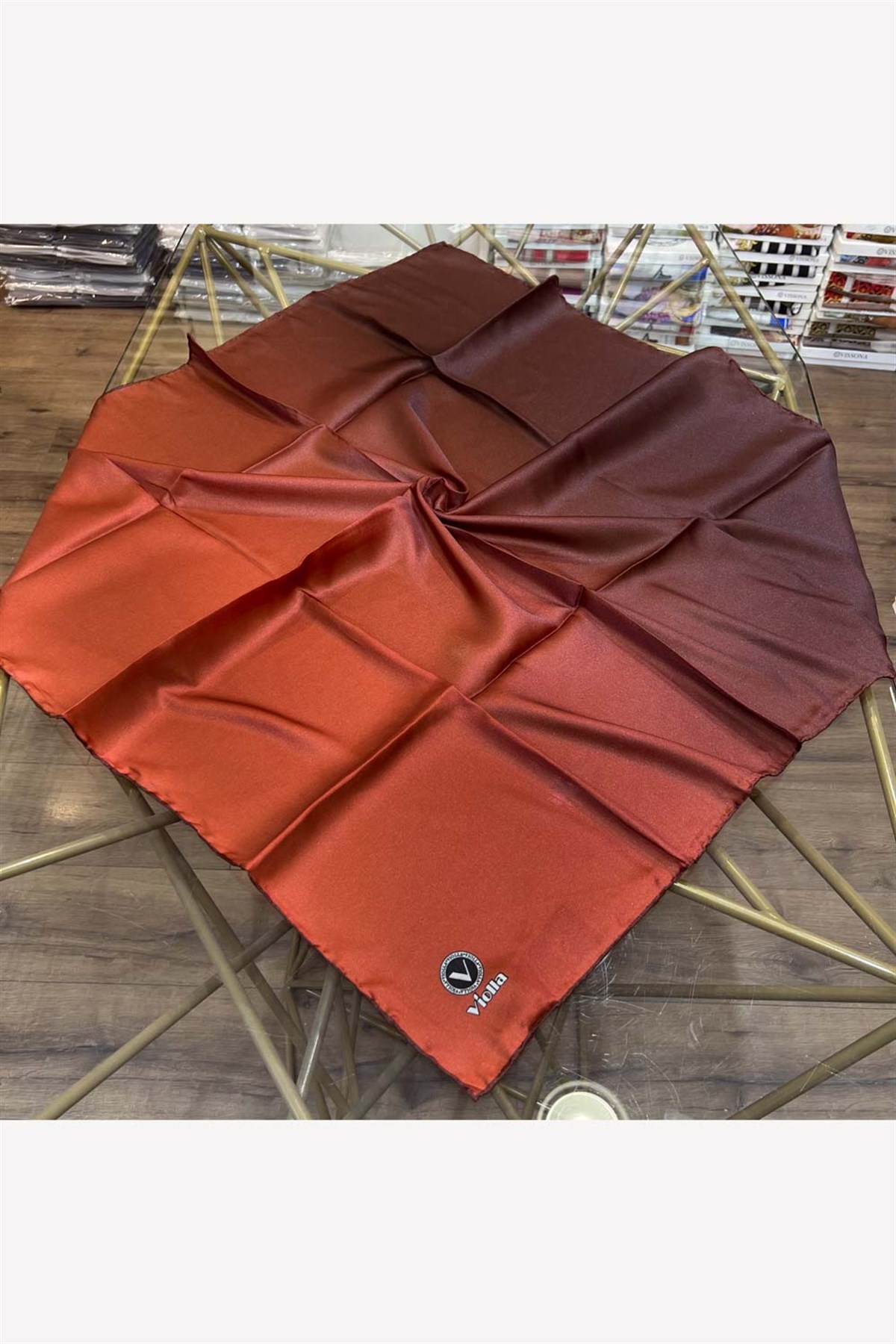 Kristal Degrade Desenli Taba Renkli 90x90 Eşarp (İpek İçermez) Kenar Dikiş Şekli El Dikişli