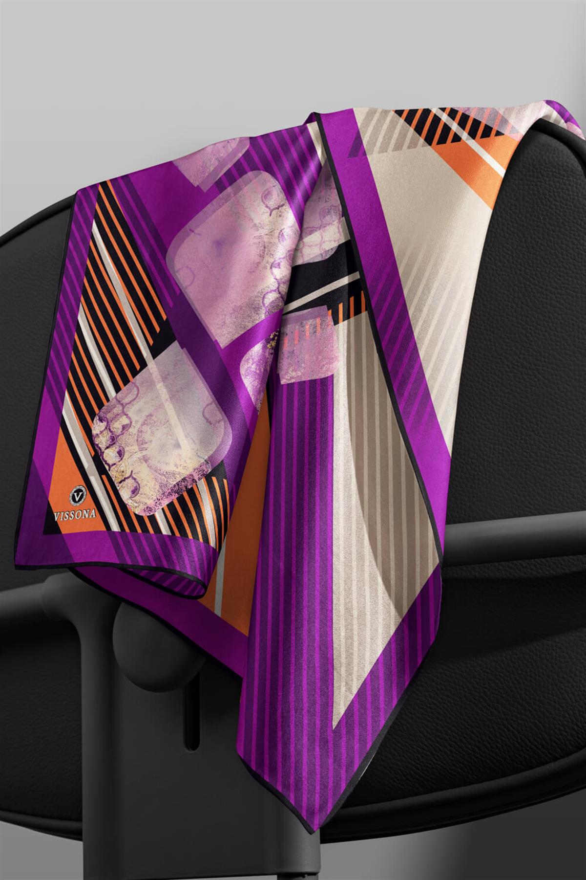 %100 Twill İpek Geometrik Desenli Mürdüm - Turuncu Renkli 90x90 Eşarp Dikim Şekli : El Dikişi