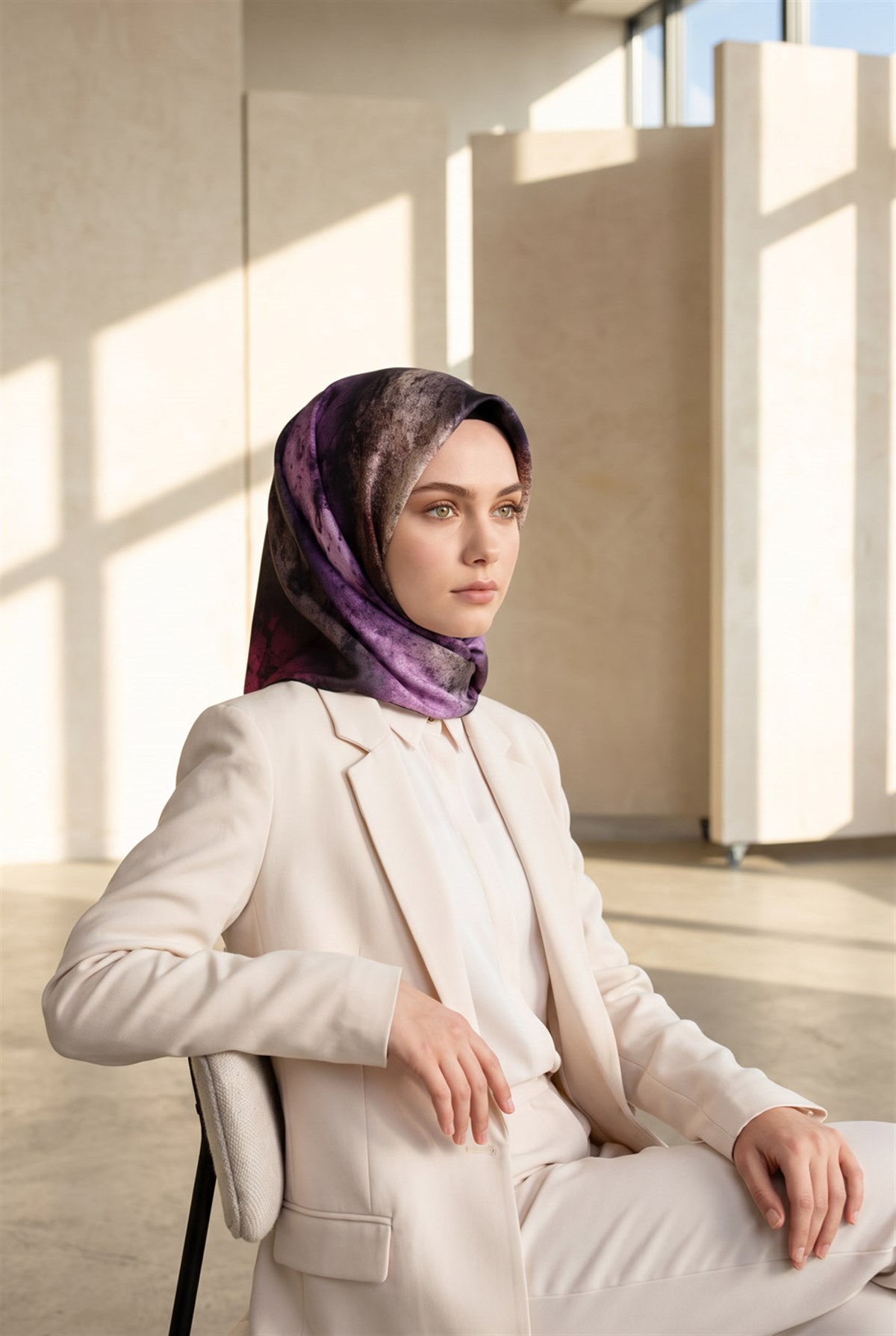 % 57 İPEK % 43 VİSKON Twill İpek Dokulu Ve Geometrik Desenli Mürdüm - Vizon Renkli 90x90 Eşarp Dikim Şekli : El Dikişi